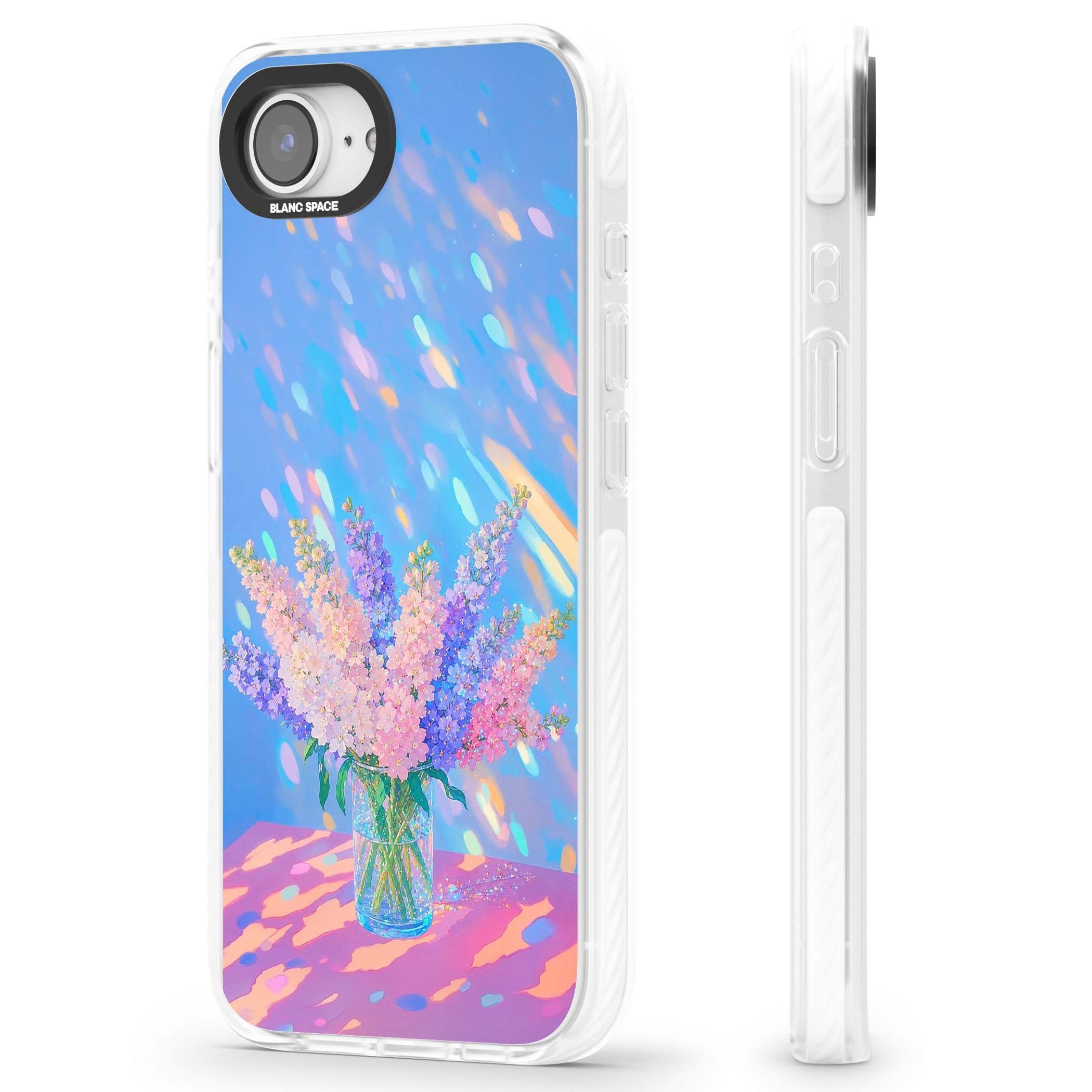 Bubblegum Flowers floral iPhone case featuring pastel lilac and pink bouquet in a glass vase with iridescent light | Clear Impact case for iPhone 16e, iPhone 17e