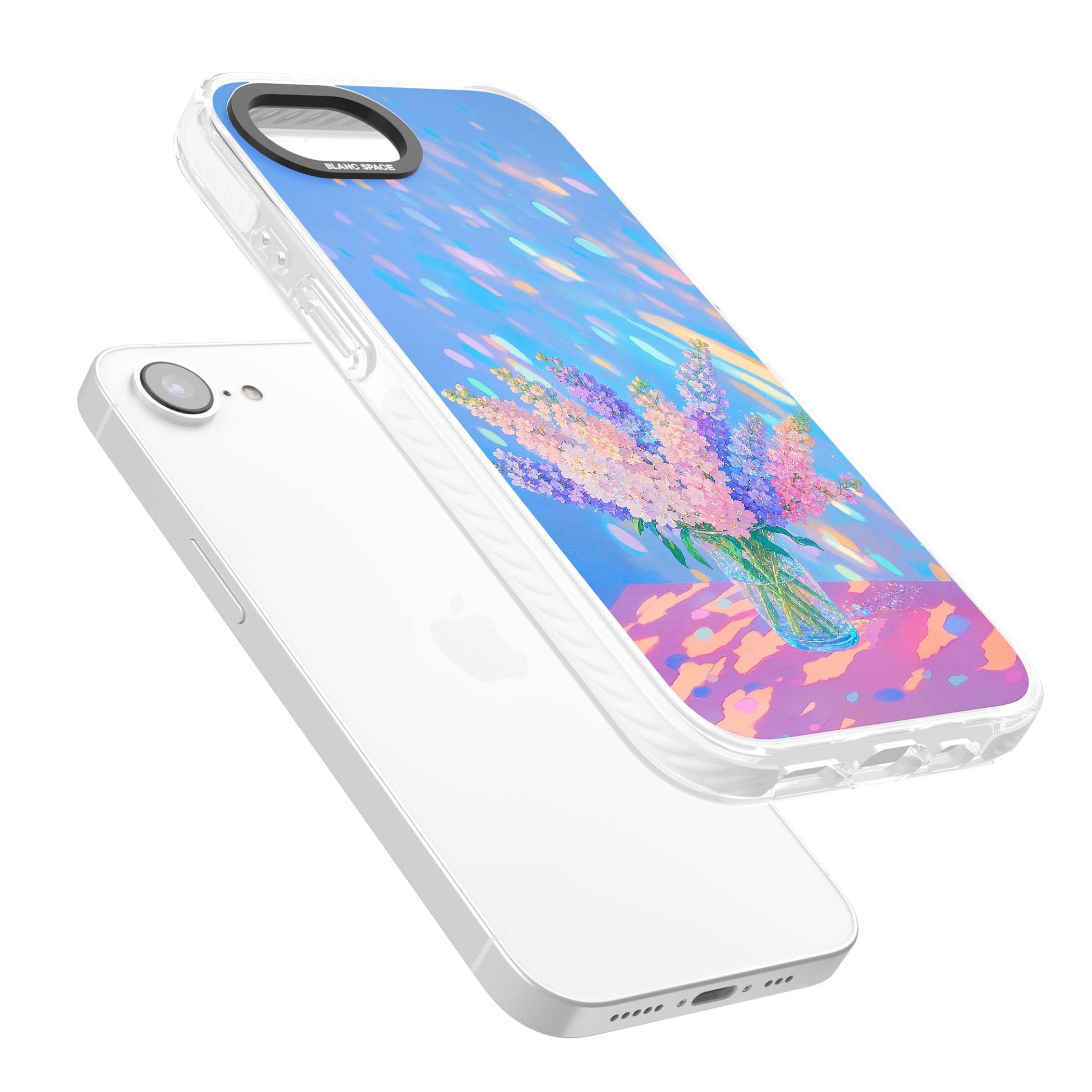 Bubblegum Flowers floral iPhone case featuring pastel lilac and pink bouquet in a glass vase with iridescent light | Clear Impact case for iPhone 16e, iPhone 17e