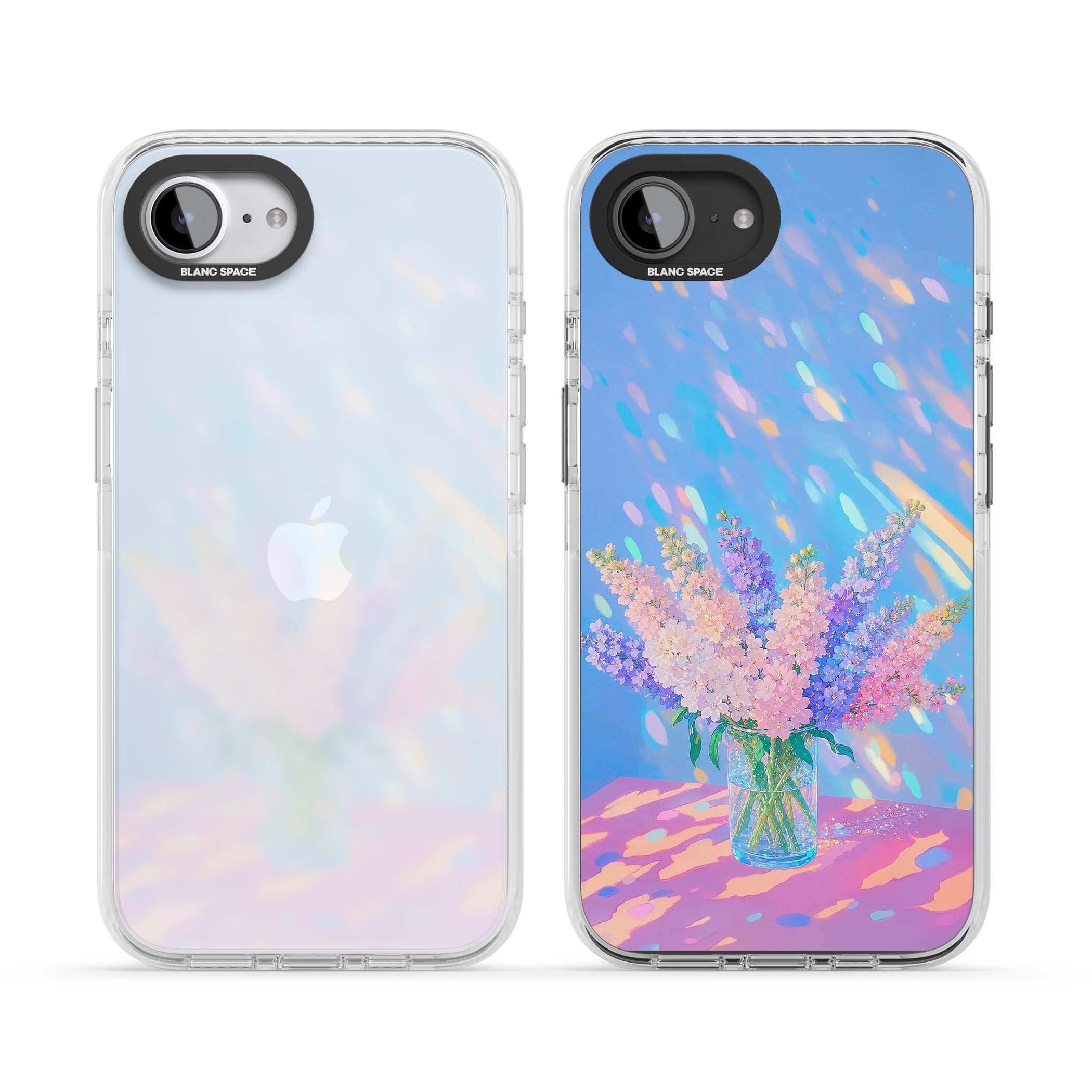 Bubblegum Flowers floral iPhone case featuring pastel lilac and pink bouquet in a glass vase with iridescent light | Clear Impact case for iPhone 16e, iPhone 17e