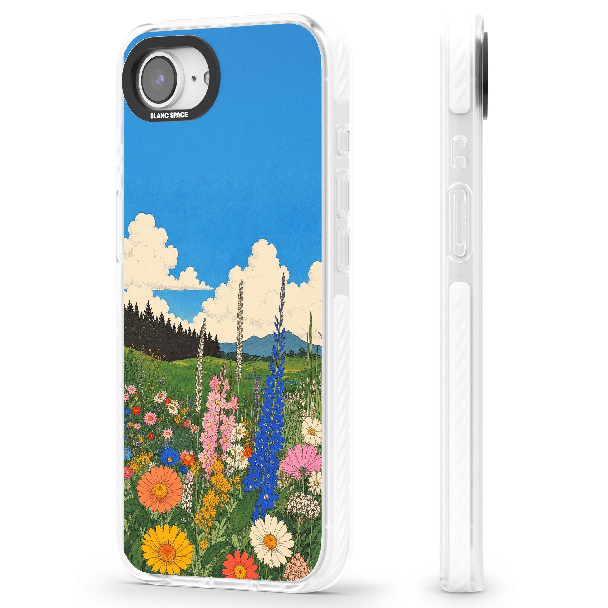 Wildbloom wildflower iPhone case featuring a vintage Japanese-style meadow landscape with daisies, delphiniums and moun | Clear Impact case for iPhone 16e, iPhone 17e