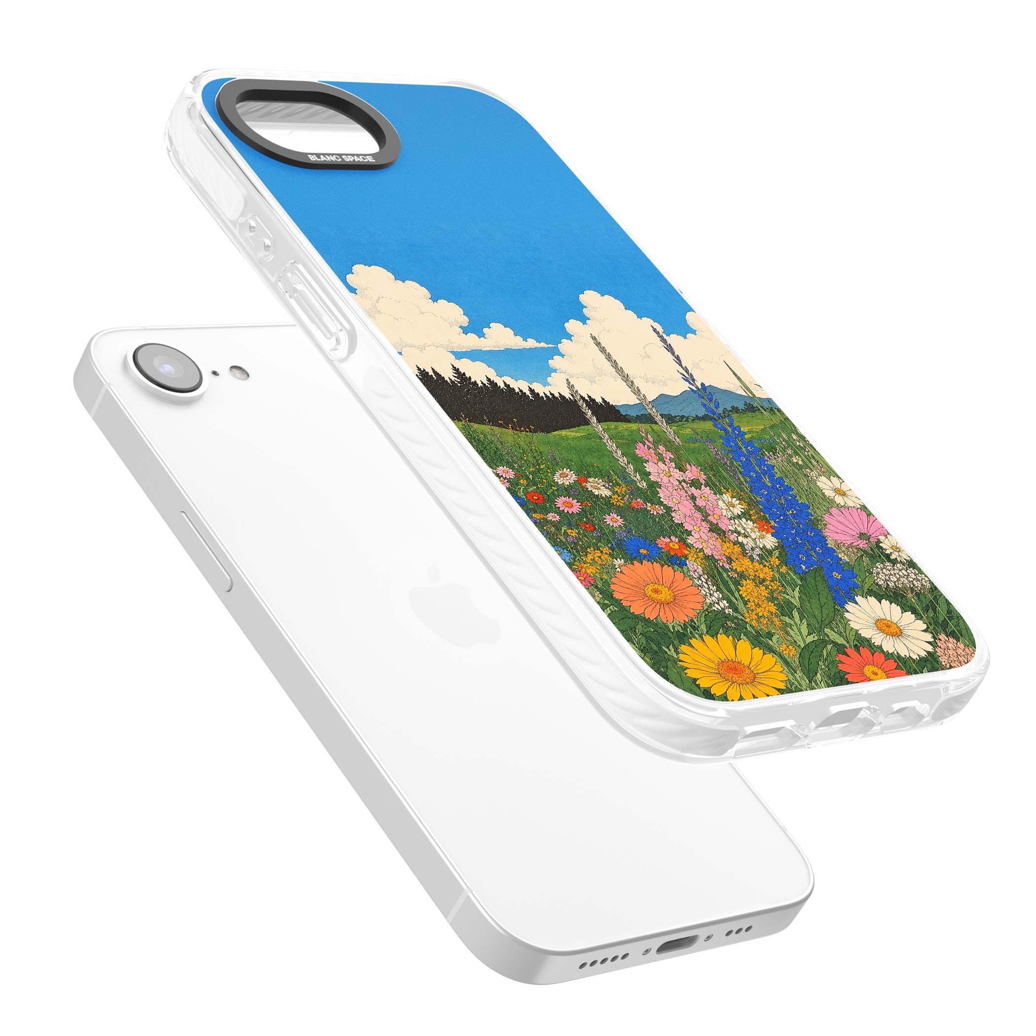 Wildbloom wildflower iPhone case featuring a vintage Japanese-style meadow landscape with daisies, delphiniums and moun | Clear Impact case for iPhone 16e, iPhone 17e