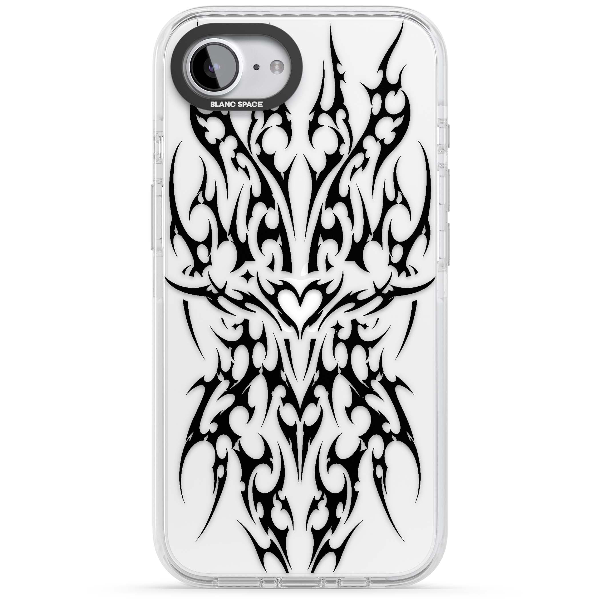 Neo Tribal Heart gothic iPhone case featuring symmetrical black tribal tattoo art with sharp thorn-like linework | Clear Impact case for iPhone 16e, iPhone 17e