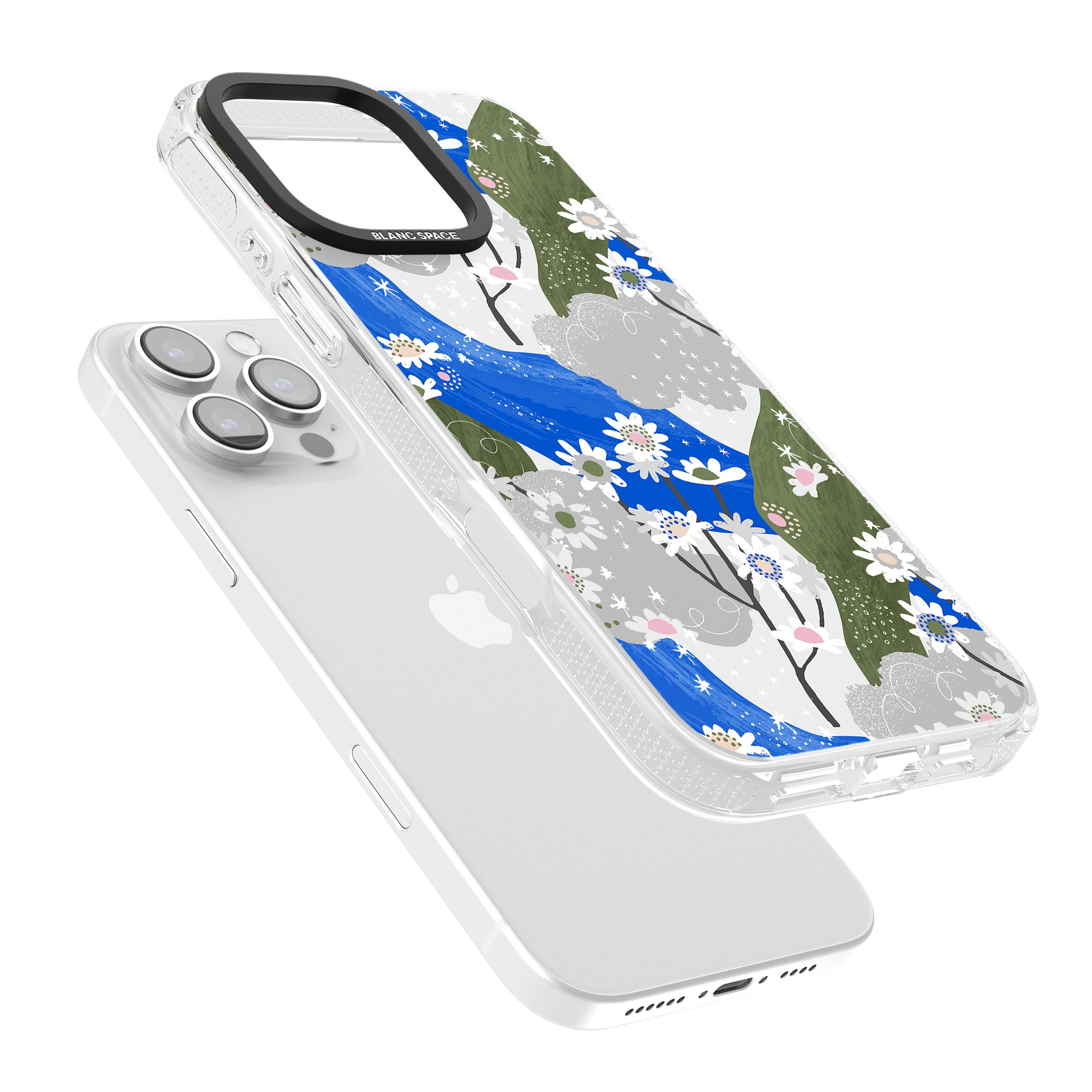 Blue & Grey Daisies Pattern iPhone 16 Pro Max / 16 Pro Clear Case Impact Air - Blanc Space