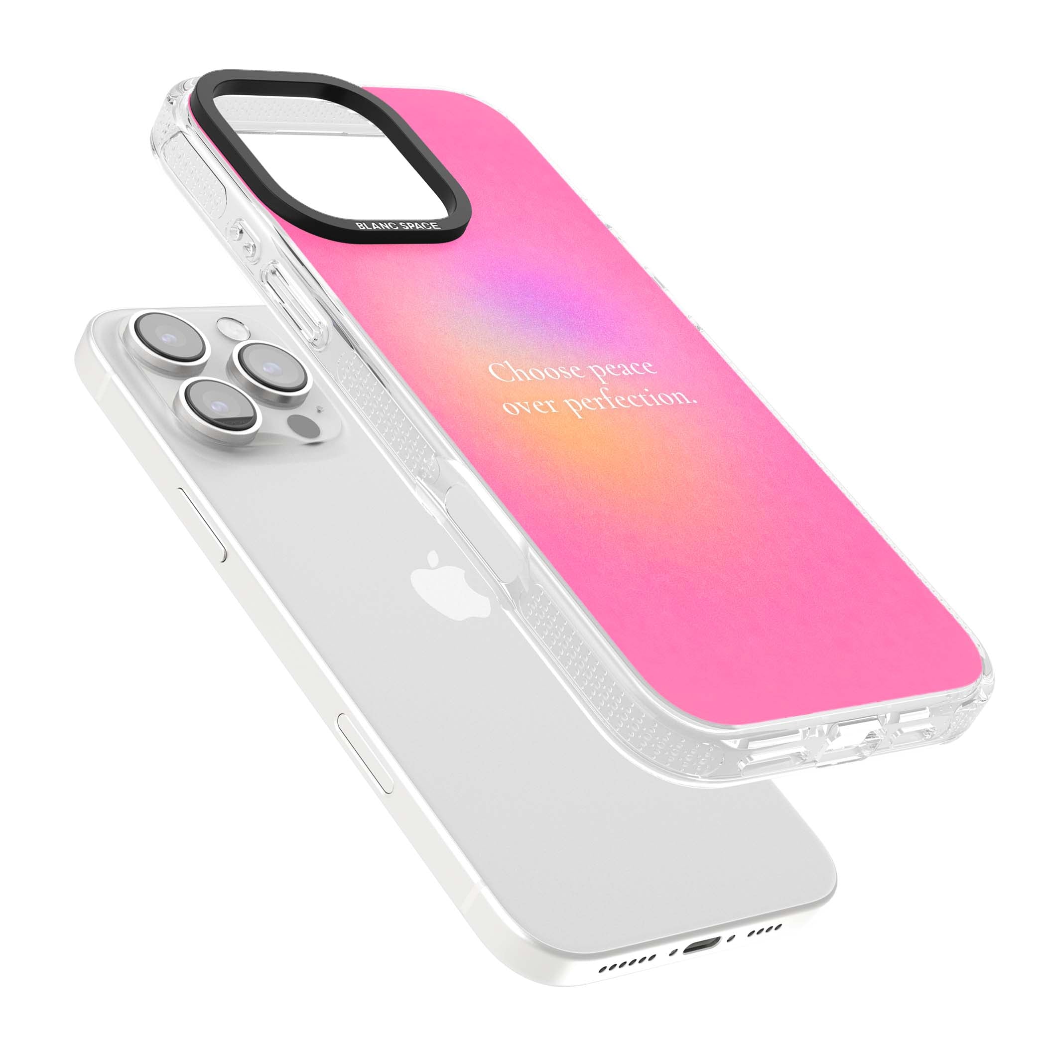 Peace Over Perfection quote iPhone case featuring a dreamy pink aura gradient and delicate white affirmation text | Clear Case Impact Air case for iPhone 16 Pro, iPhone 16 Pro Max