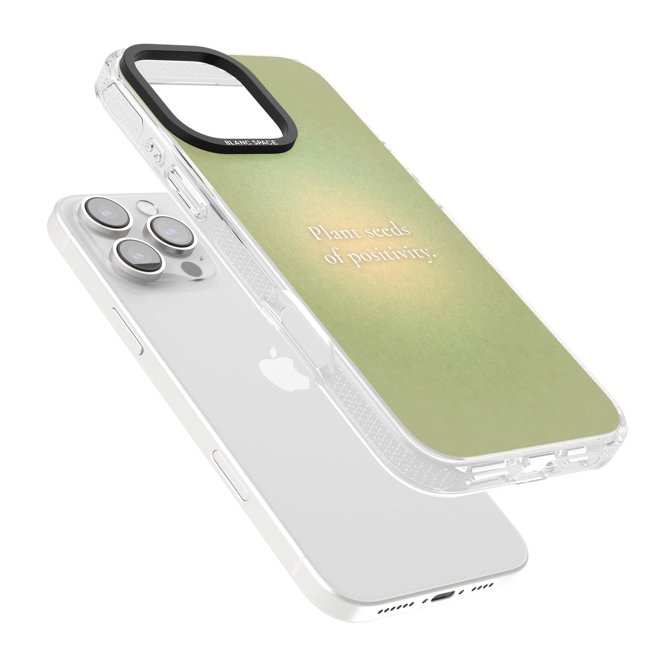 Seeds of Positivity quote iPhone case featuring a sage green aura gradient and golden glow affirmation | Clear Case Impact Air case for iPhone 16 Pro, iPhone 16 Pro Max