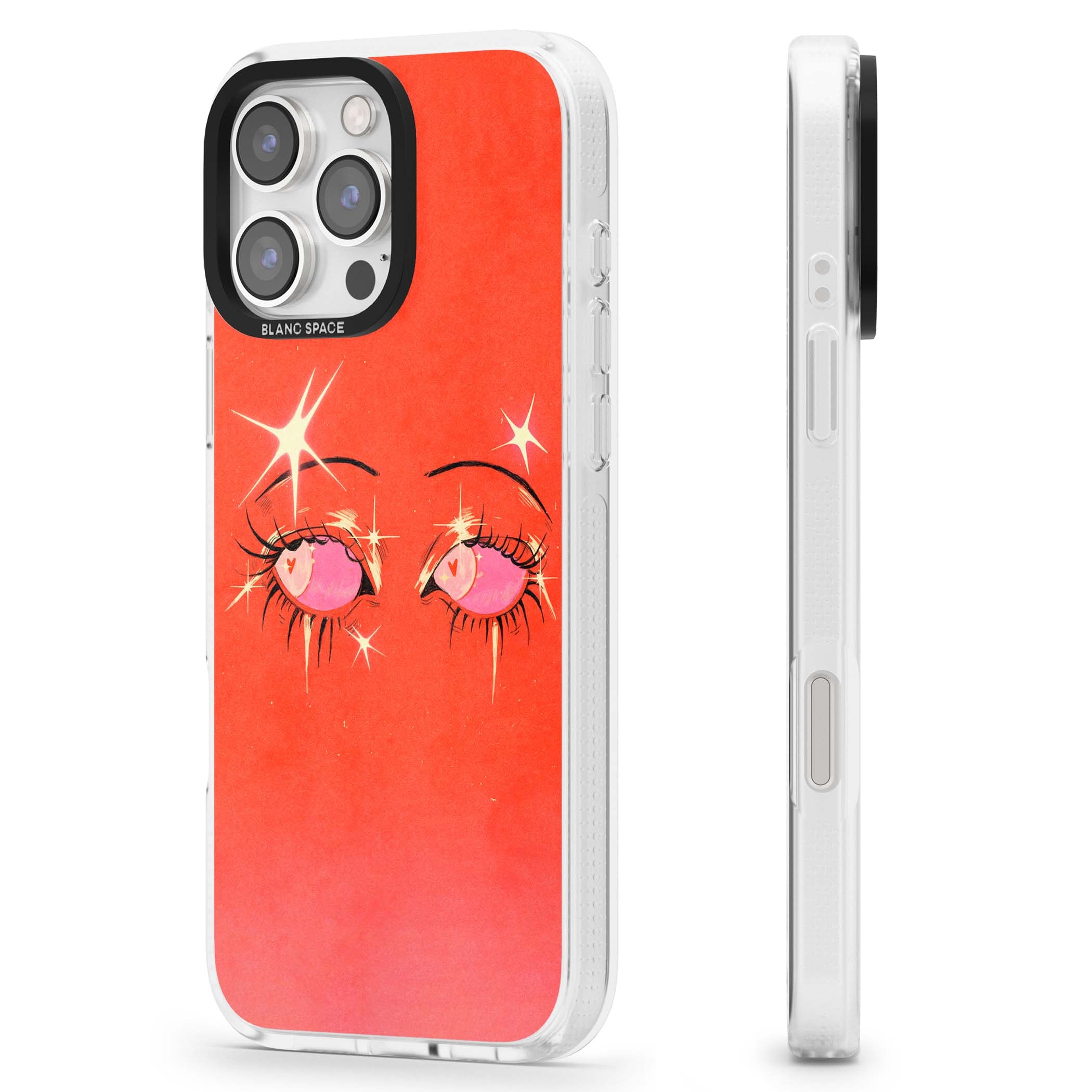 Pink Ethereal Eyes anime iPhone case featuring hand-drawn sparkly eyes with pink hearts and gold stars on red | Clear Case Impact Air case for iPhone 16 Pro, iPhone 16 Pro Max