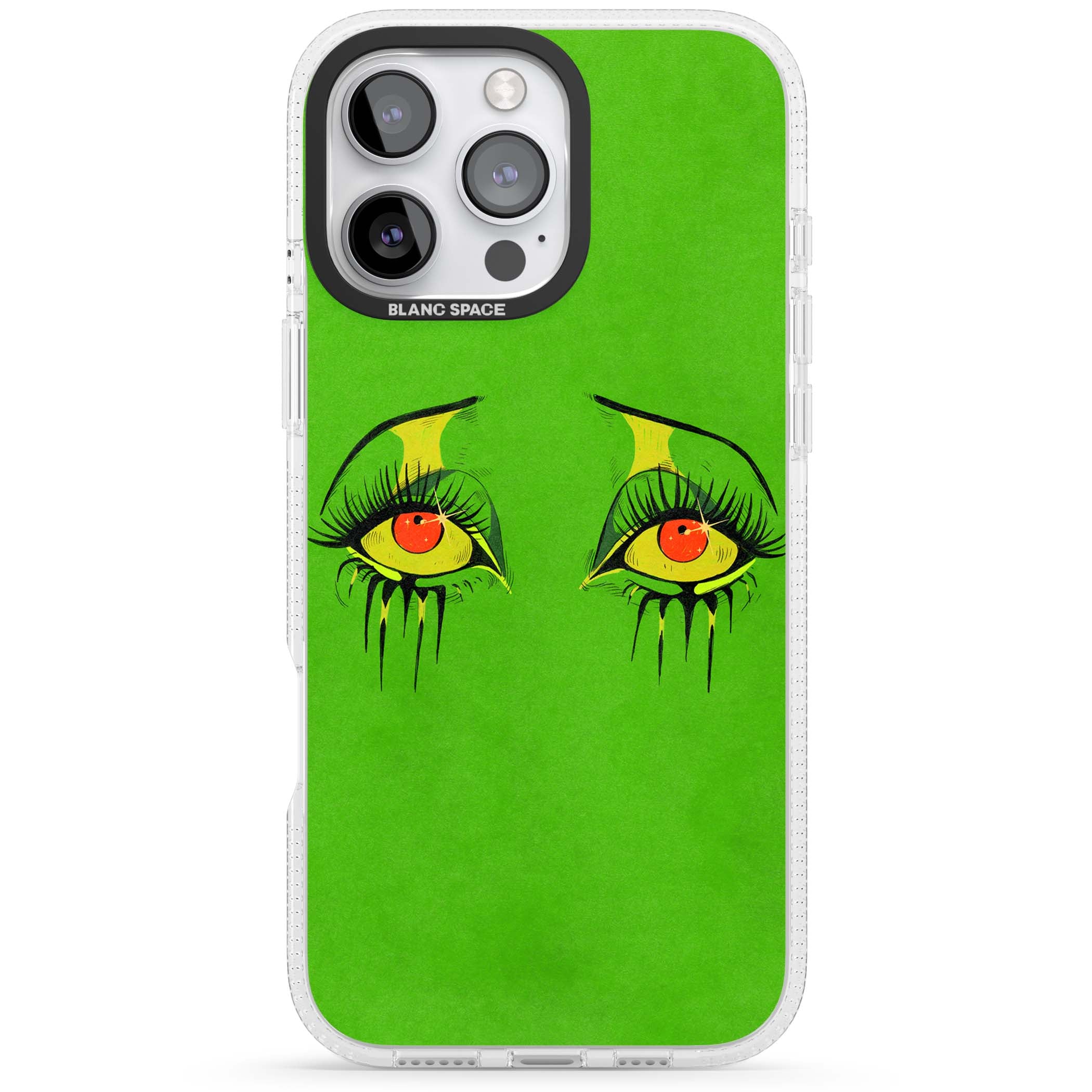 Green Enchanted Eyes psychedelic art iPhone case featuring hand-drawn dripping eyes on neon green background | Clear Case Impact Air case for iPhone 16 Pro, iPhone 16 Pro Max