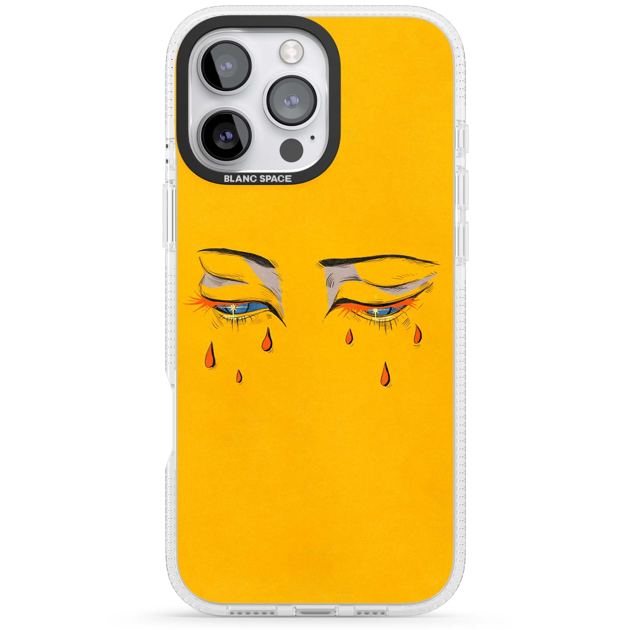 Yellow Tearful Eyes indie iPhone case featuring hand-drawn crying eyes with orange tears on a yellow background | Clear Case Impact Air case for iPhone 16 Pro, iPhone 16 Pro Max