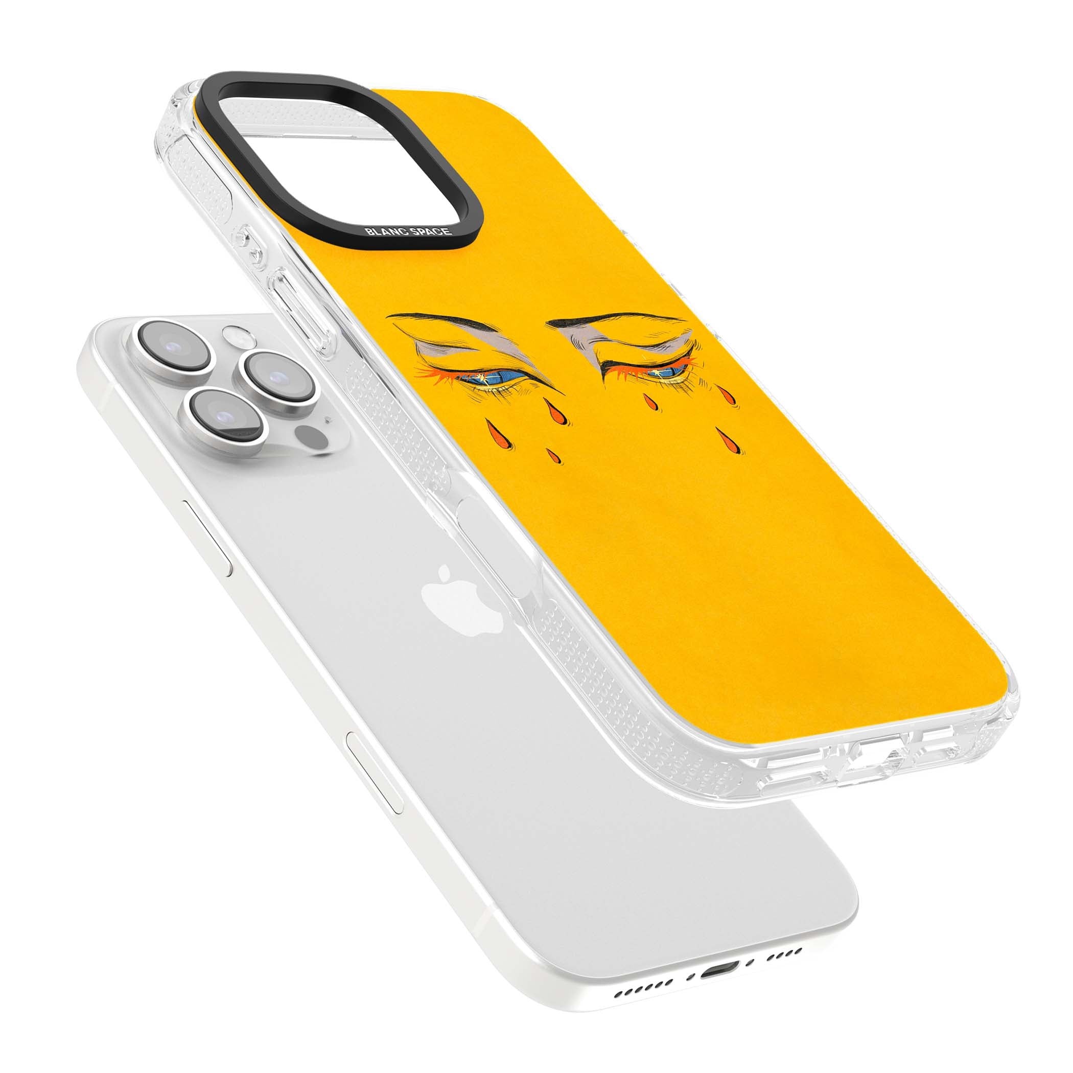Yellow Tearful Eyes indie iPhone case featuring hand-drawn crying eyes with orange tears on a yellow background | Clear Case Impact Air case for iPhone 16 Pro, iPhone 16 Pro Max