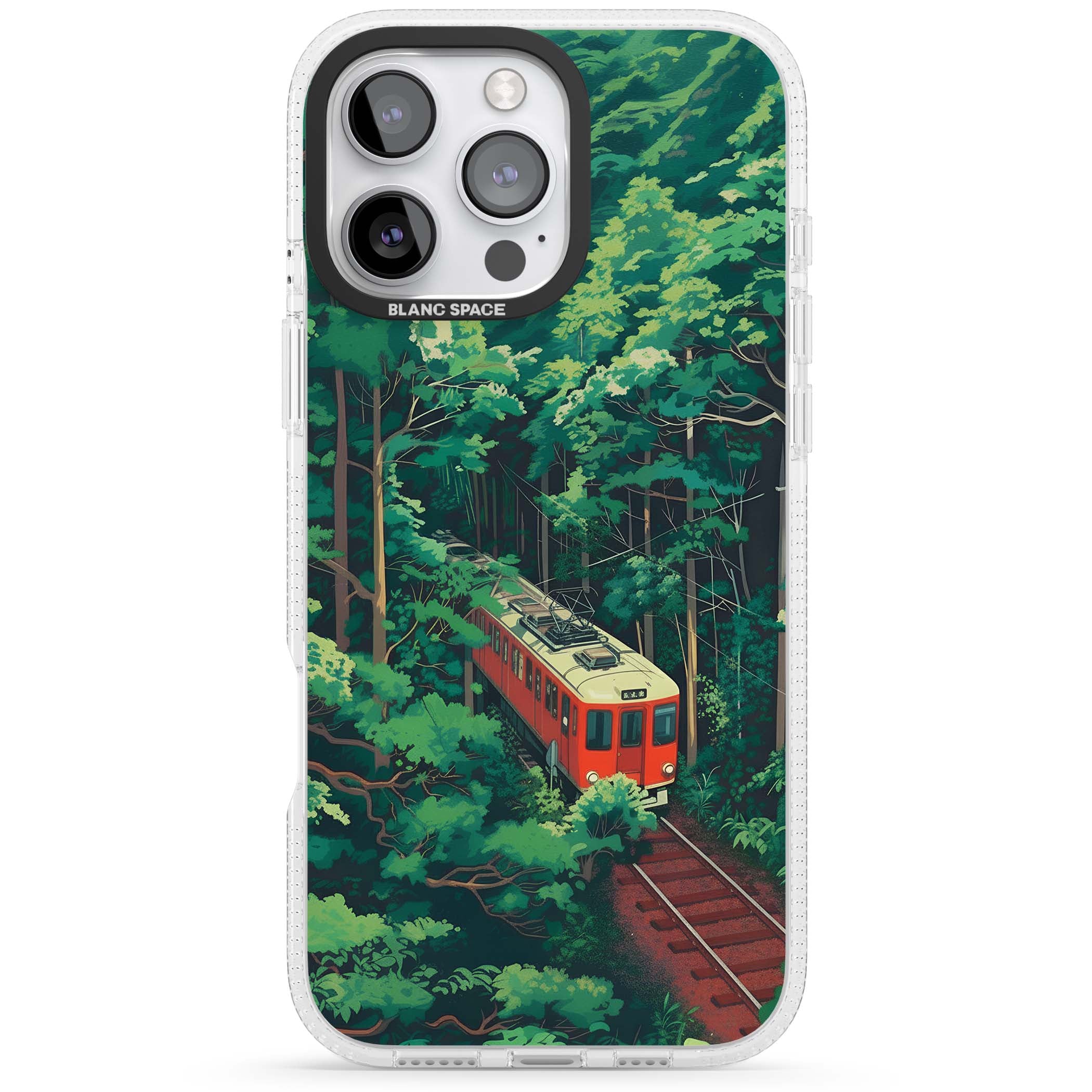 Railway In Toyama Japanese iPhone case featuring a red train, cedar forest and winding mountain railway tracks | Clear Case Impact Air case for iPhone 16 Pro, iPhone 16 Pro Max