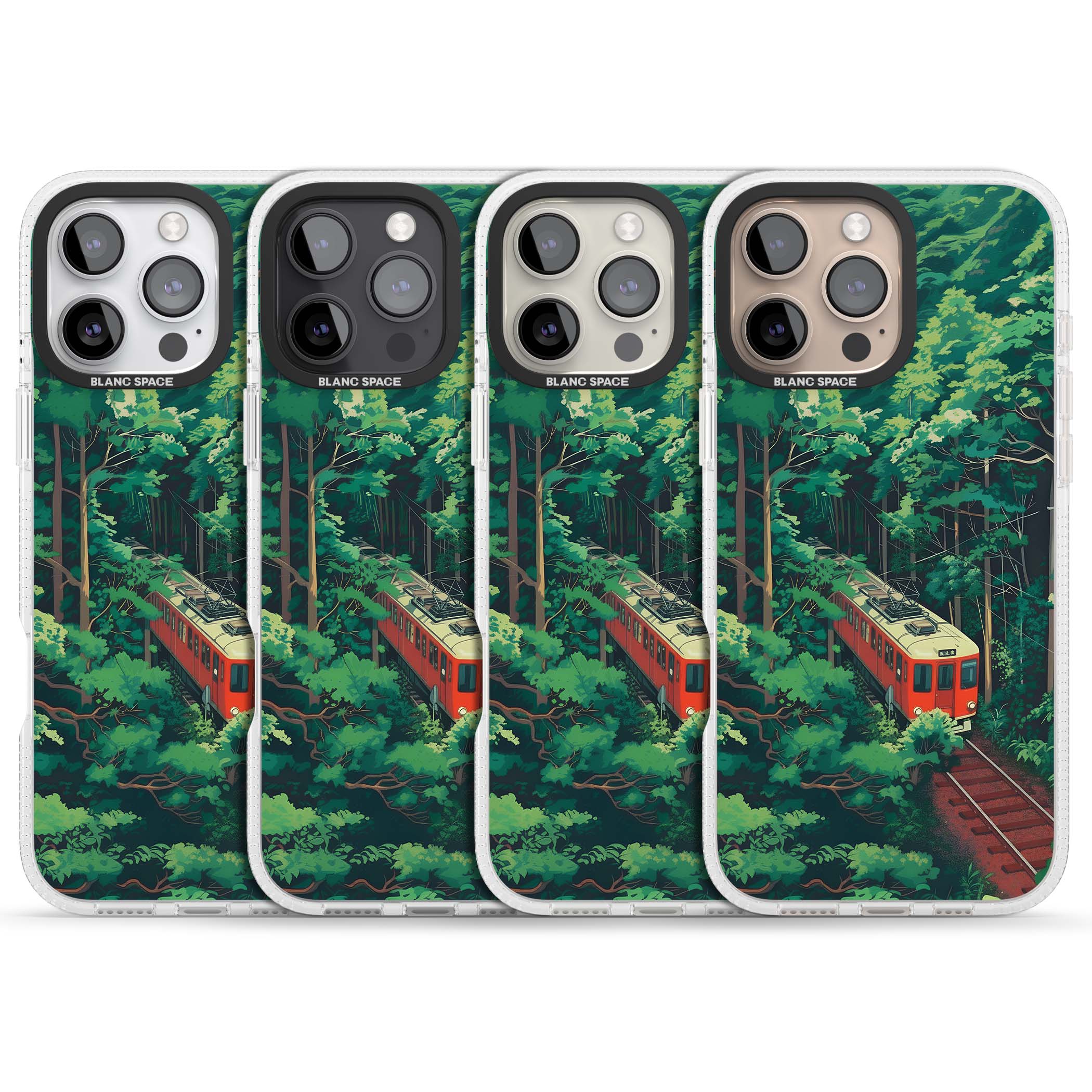 Railway In Toyama Japanese iPhone case featuring a red train, cedar forest and winding mountain railway tracks | Clear Case Impact Air case for iPhone 16 Pro, iPhone 16 Pro Max