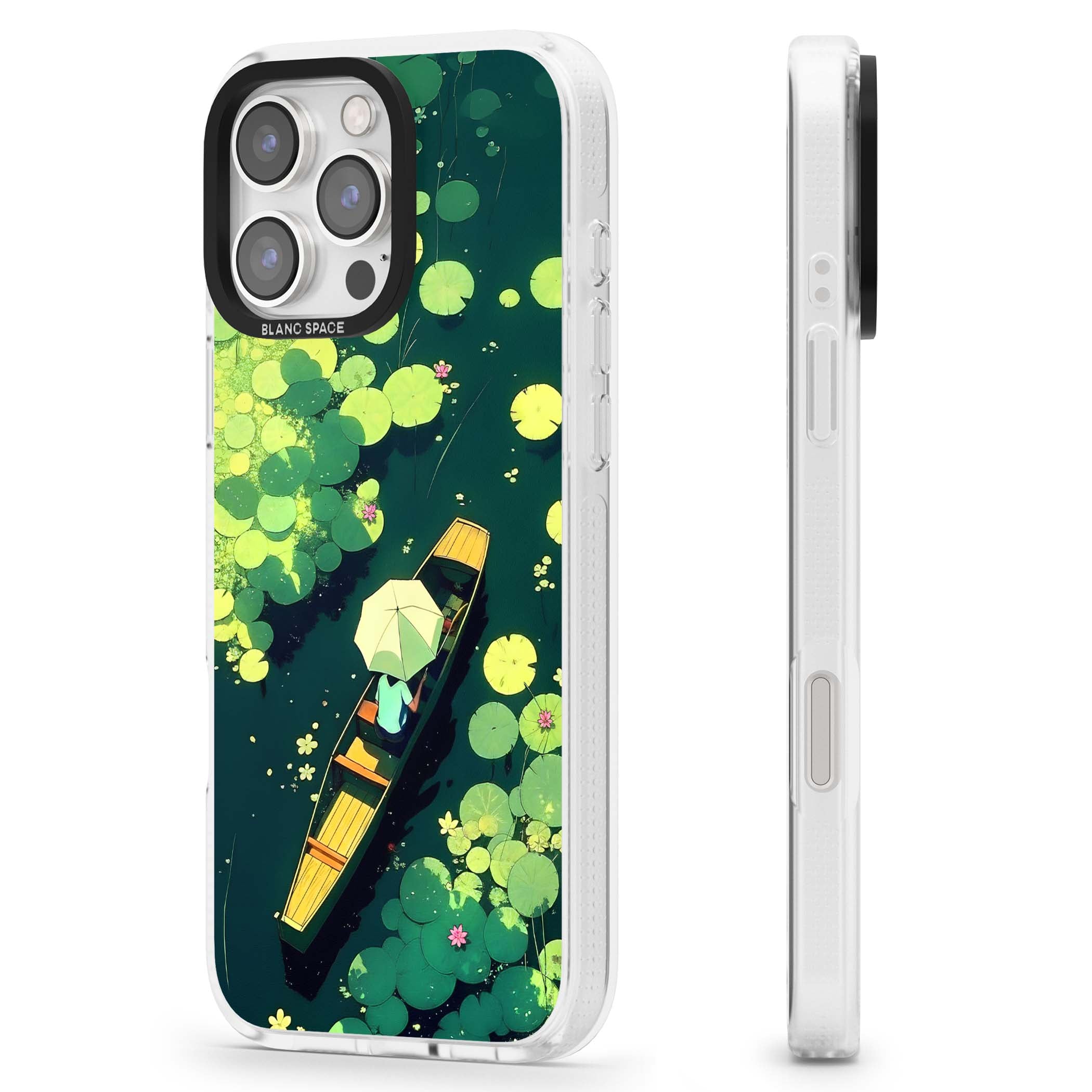 Jade Waters cottagecore iPhone case featuring a painted lily pond, wooden boat with parasol and floating water lilies | Clear Case Impact Air case for iPhone 16 Pro, iPhone 16 Pro Max