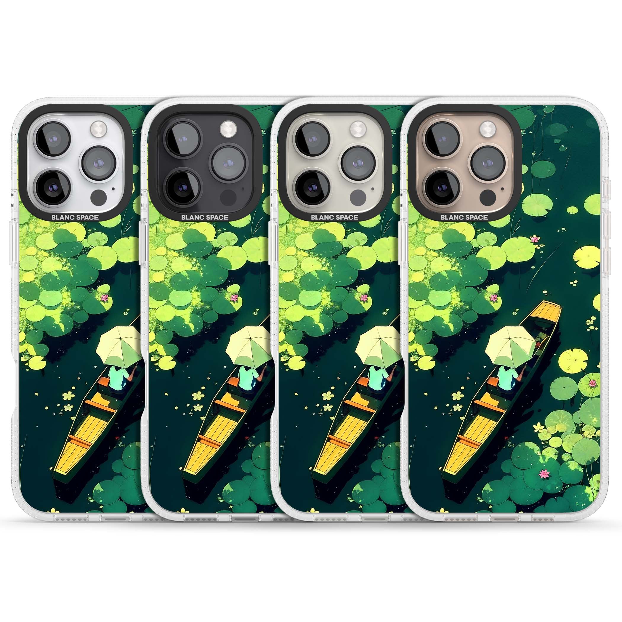 Jade Waters cottagecore iPhone case featuring a painted lily pond, wooden boat with parasol and floating water lilies | Clear Case Impact Air case for iPhone 16 Pro, iPhone 16 Pro Max