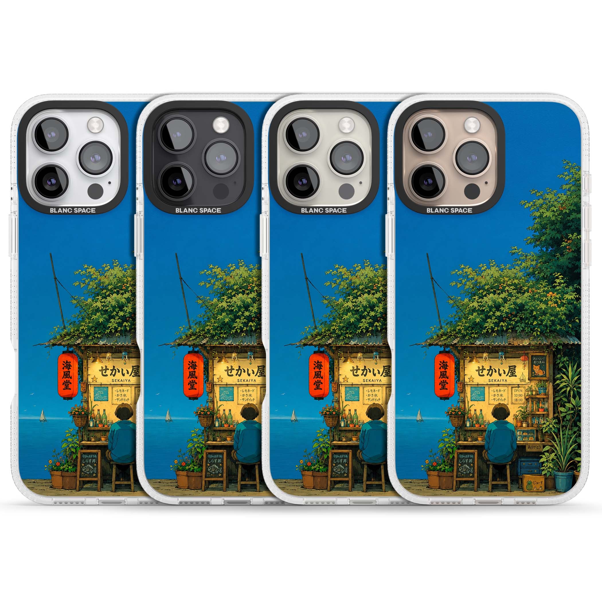 The Shirahama Kiosk anime iPhone case featuring a Japanese seaside shop, red paper lantern and ocean view | Clear Case Impact Air case for iPhone 16 Pro, iPhone 16 Pro Max