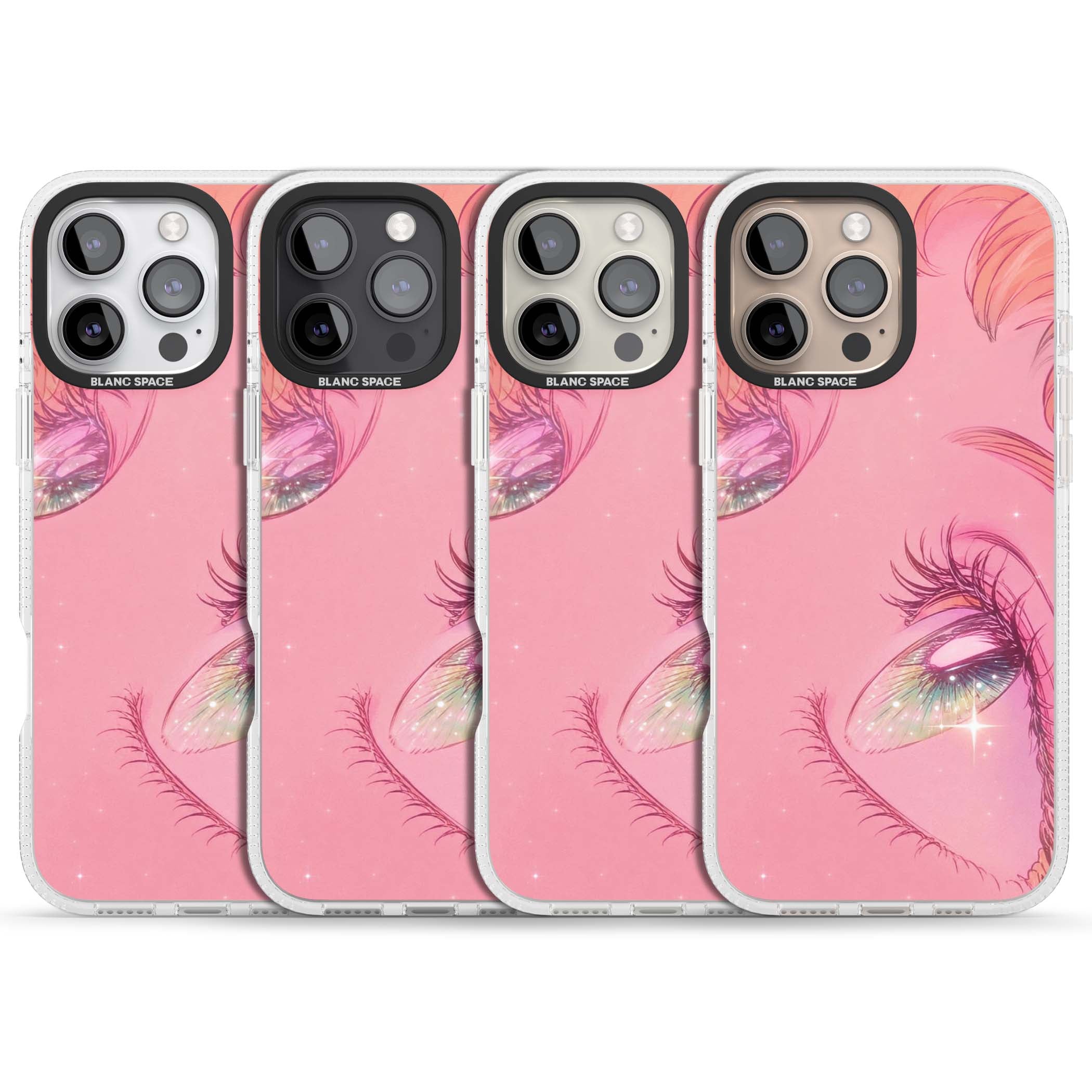 Pink Ethereal Gaze anime iPhone case featuring sparkling manga eyes, coral lashes and dreamy peach sky | Clear Case Impact Air case for iPhone 16 Pro, iPhone 16 Pro Max