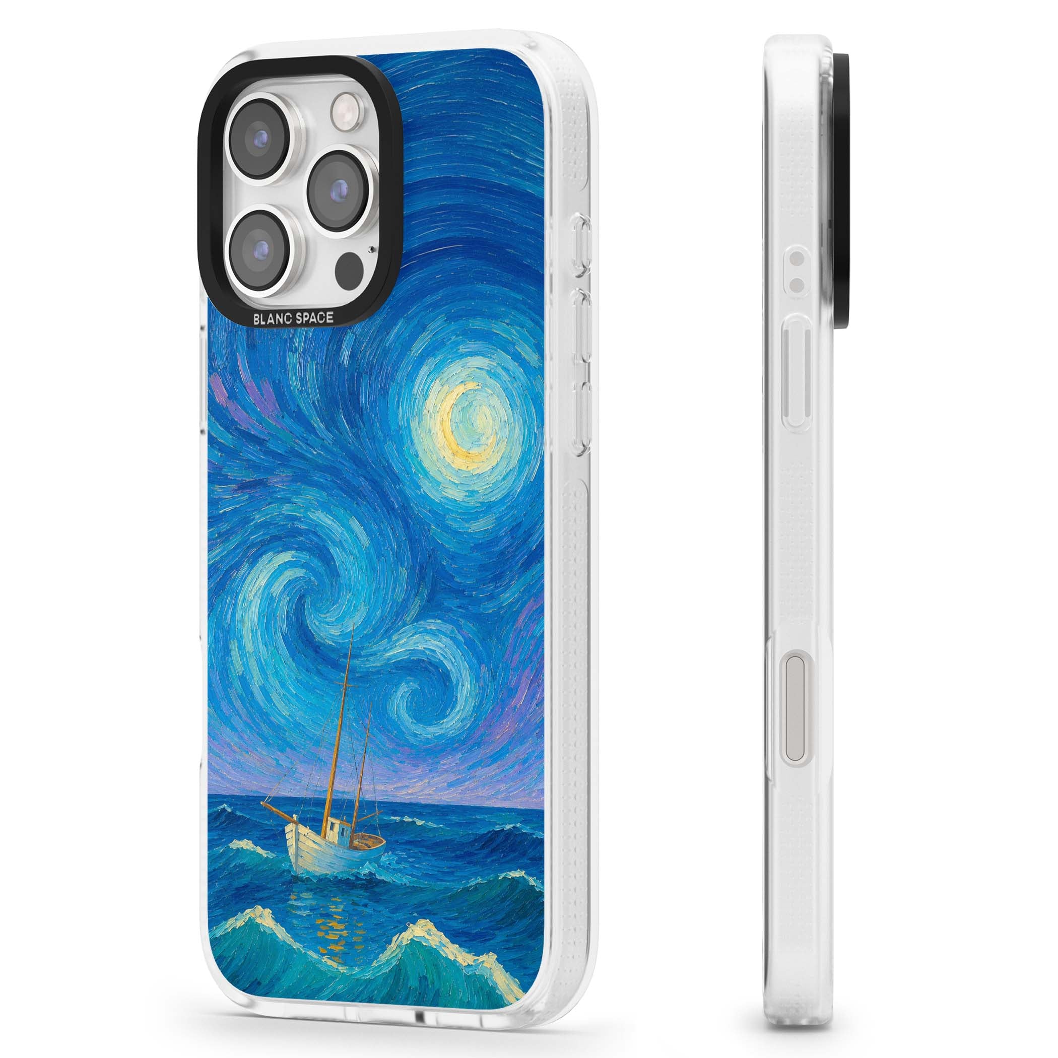 Moonlit Tide Van Gogh art iPhone case featuring swirling starry night sky, glowing moon and lone sailing boat at sea | Clear Case Impact Air case for iPhone 16 Pro, iPhone 16 Pro Max