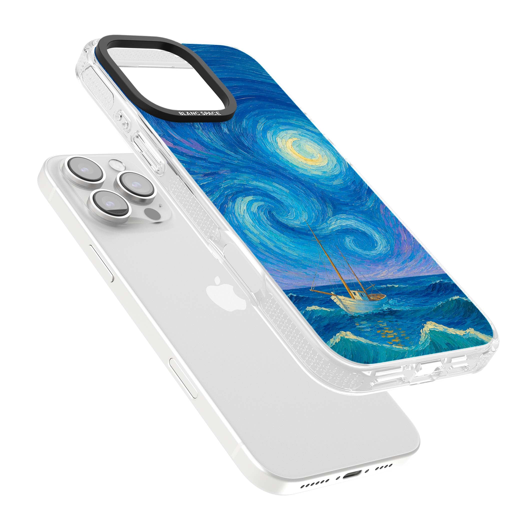 Moonlit Tide Van Gogh art iPhone case featuring swirling starry night sky, glowing moon and lone sailing boat at sea | Clear Case Impact Air case for iPhone 16 Pro, iPhone 16 Pro Max
