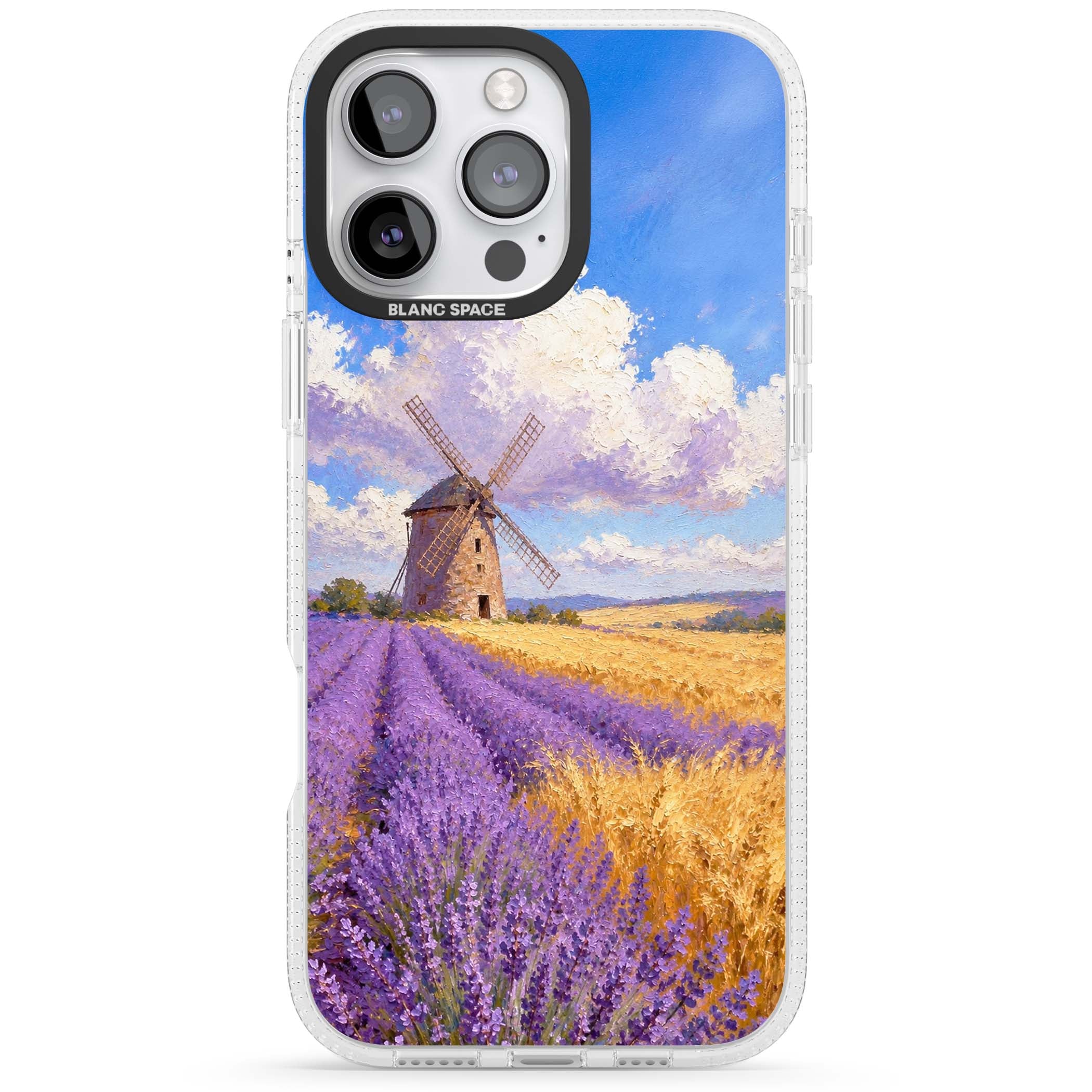 Lavender Mill cottagecore iPhone case featuring a French windmill, lavender field and golden wheat oil painting | Clear Case Impact Air case for iPhone 16 Pro, iPhone 16 Pro Max