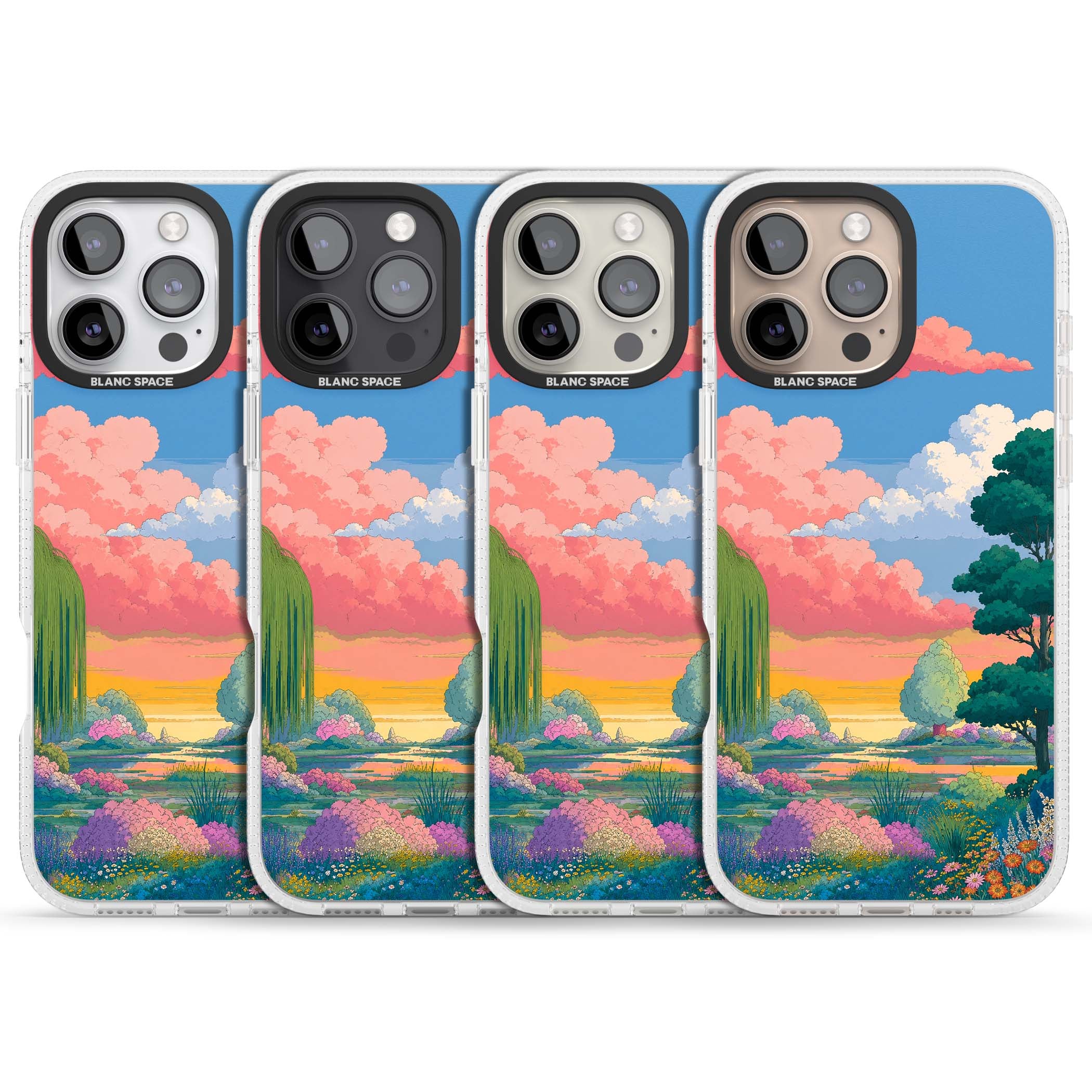 Dream Valley anime landscape iPhone case featuring pink sunset clouds, willow trees and wildflowers | Clear Case Impact Air case for iPhone 16 Pro, iPhone 16 Pro Max