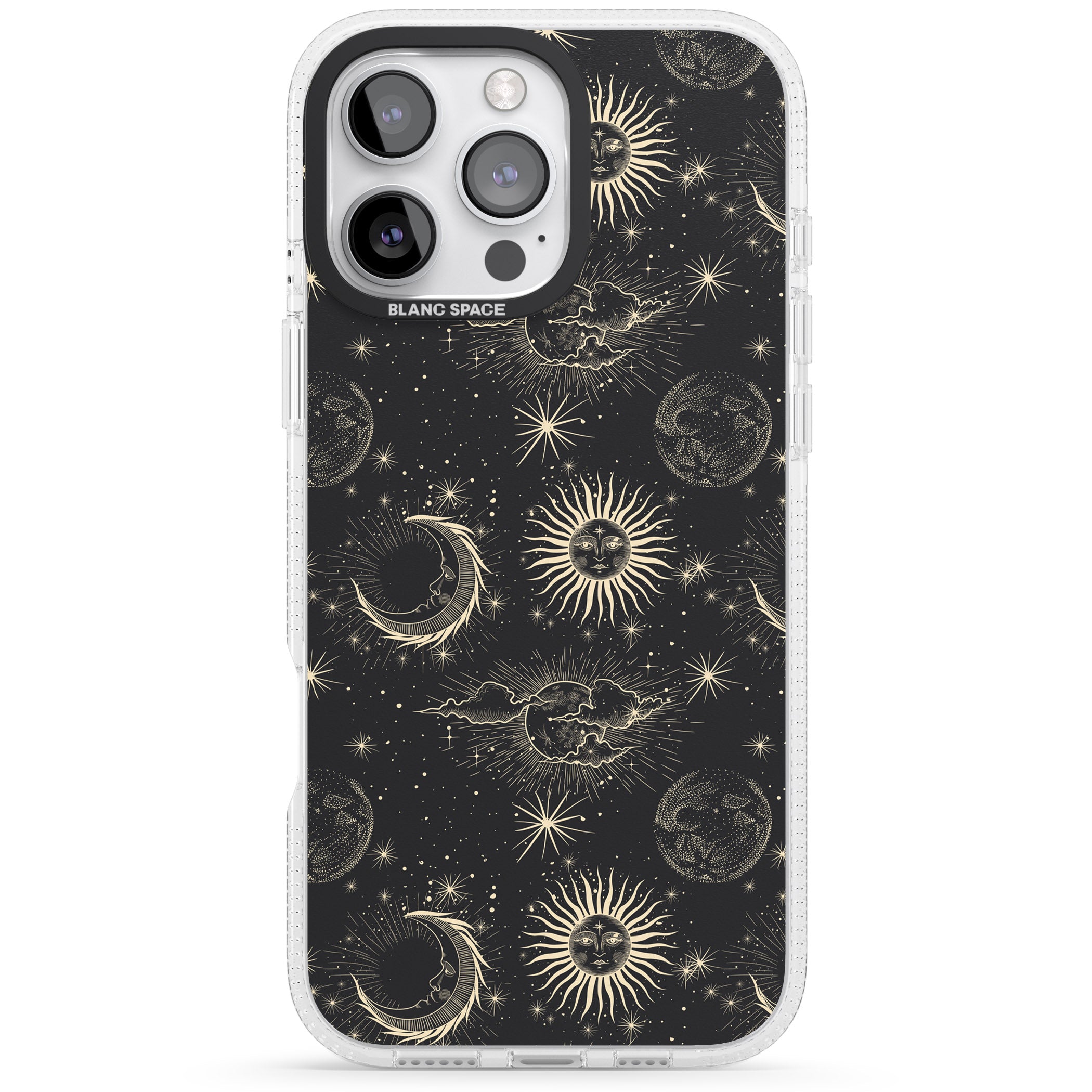 Large Suns, Moons & Clouds Astrological iPhone 16 Pro Max / 16 Pro Clear Case Impact Air - Blanc Space