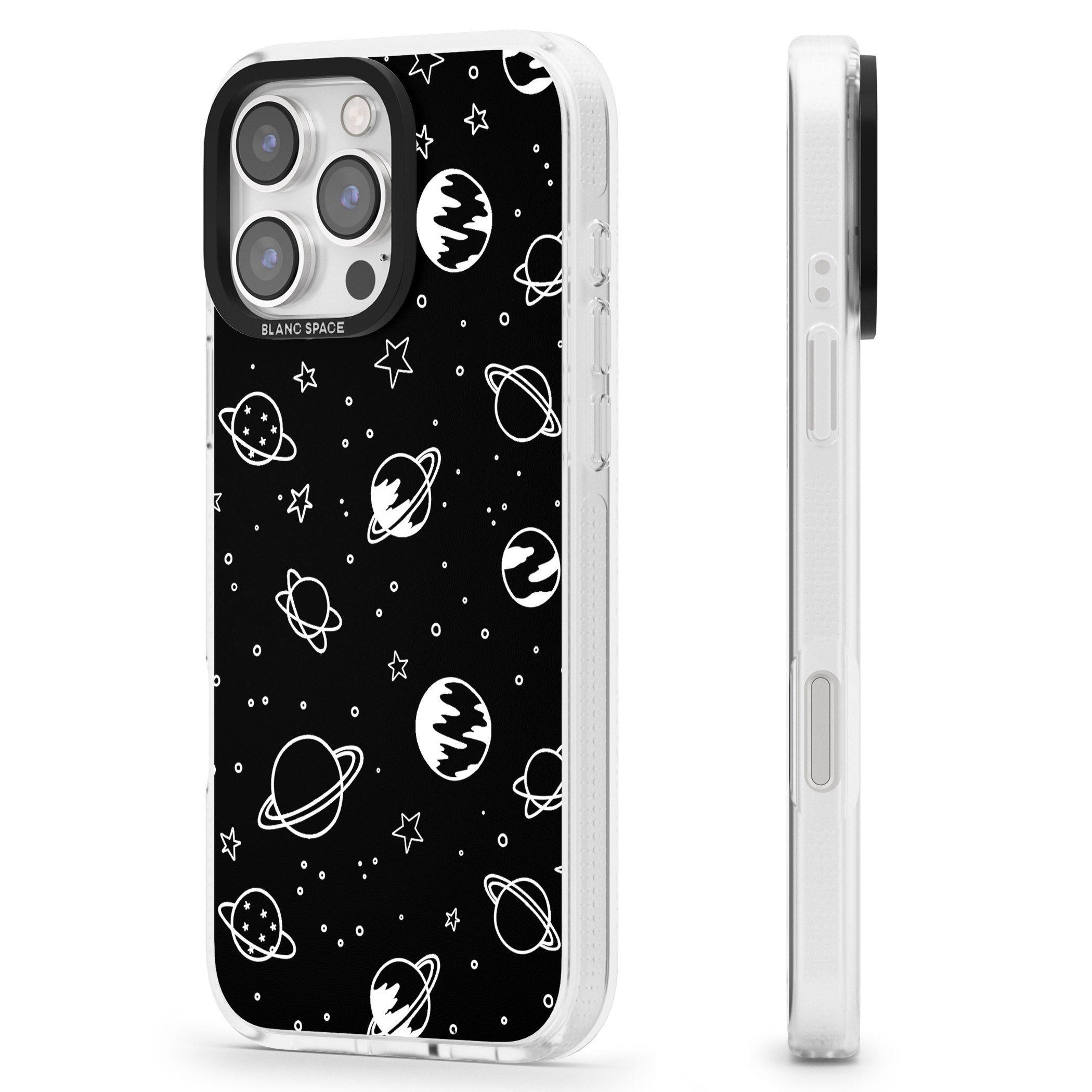 Cosmic Outer Space Design White on Black iPhone 16 Pro Max / 16 Pro Clear Case Impact Air - Blanc Space