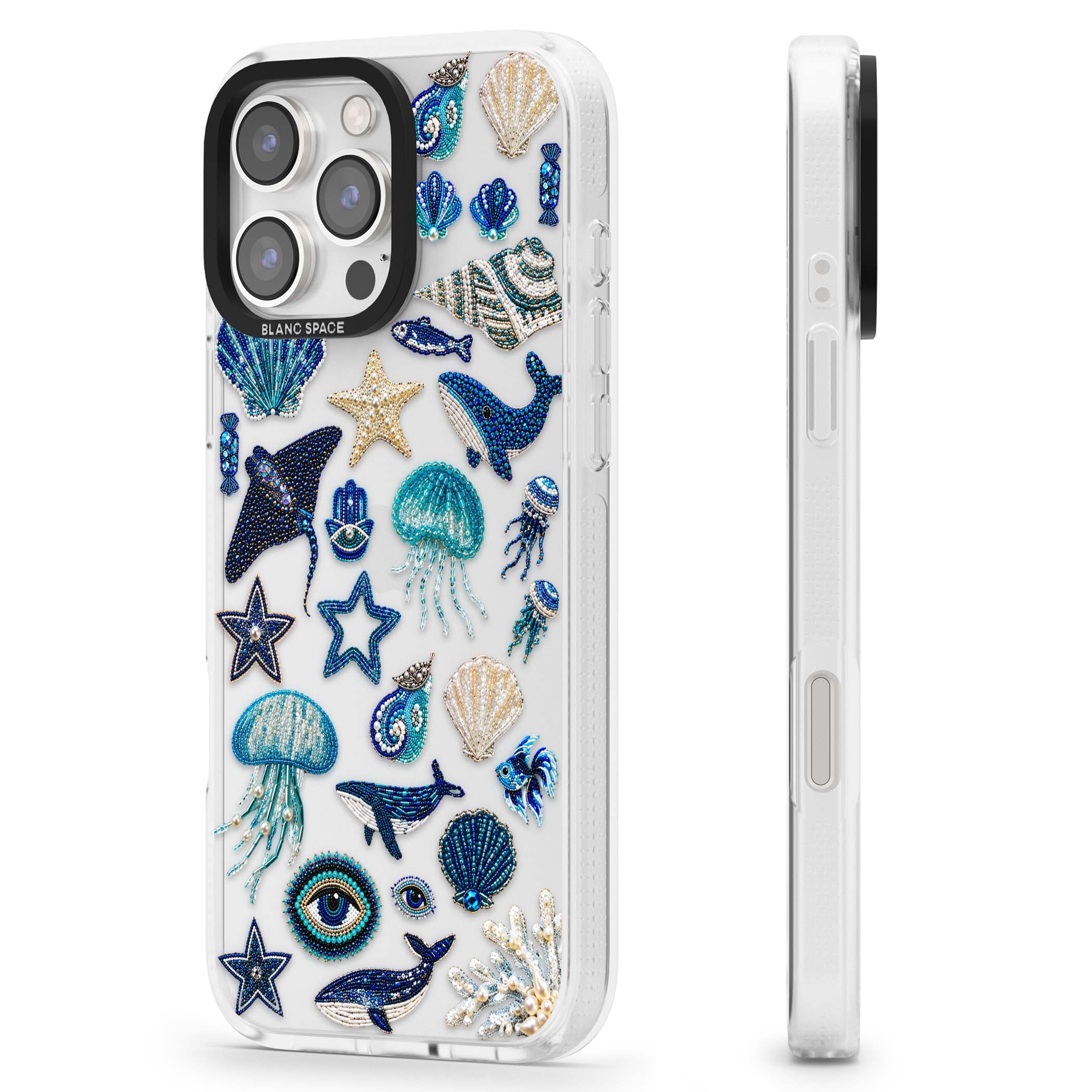 Beaded Coastal coastal iPhone case featuring embroidered seashells, jellyfish and a blue whale on clear | Clear Case Impact Air case for iPhone 16 Pro, iPhone 16 Pro Max