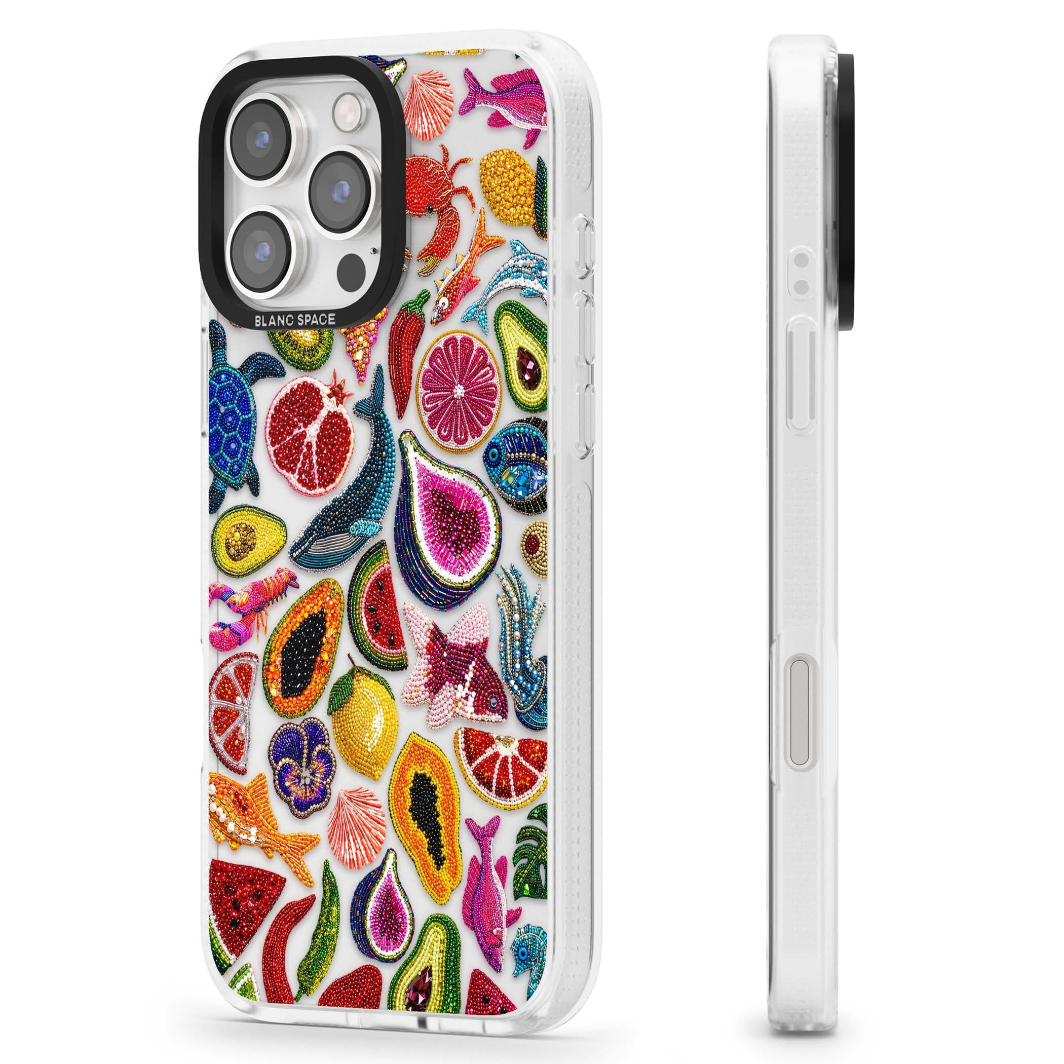 Beaded Tropic tropical iPhone case featuring beaded fruit, fish, crabs and seashells in vibrant colour | Clear Case Impact Air case for iPhone 16 Pro, iPhone 16 Pro Max