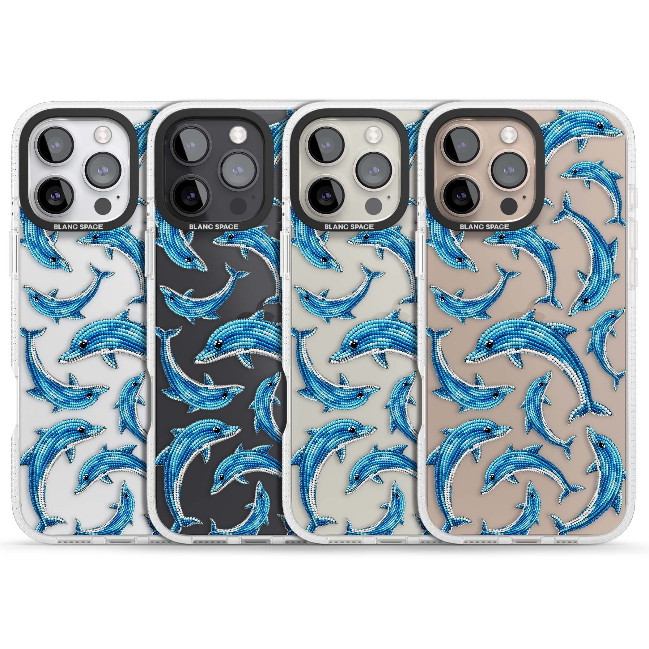 Beaded Dolphins coastal iPhone case featuring beaded dolphins in blue and white swimming across a clear background | Clear Case Impact Air case for iPhone 16 Pro, iPhone 16 Pro Max
