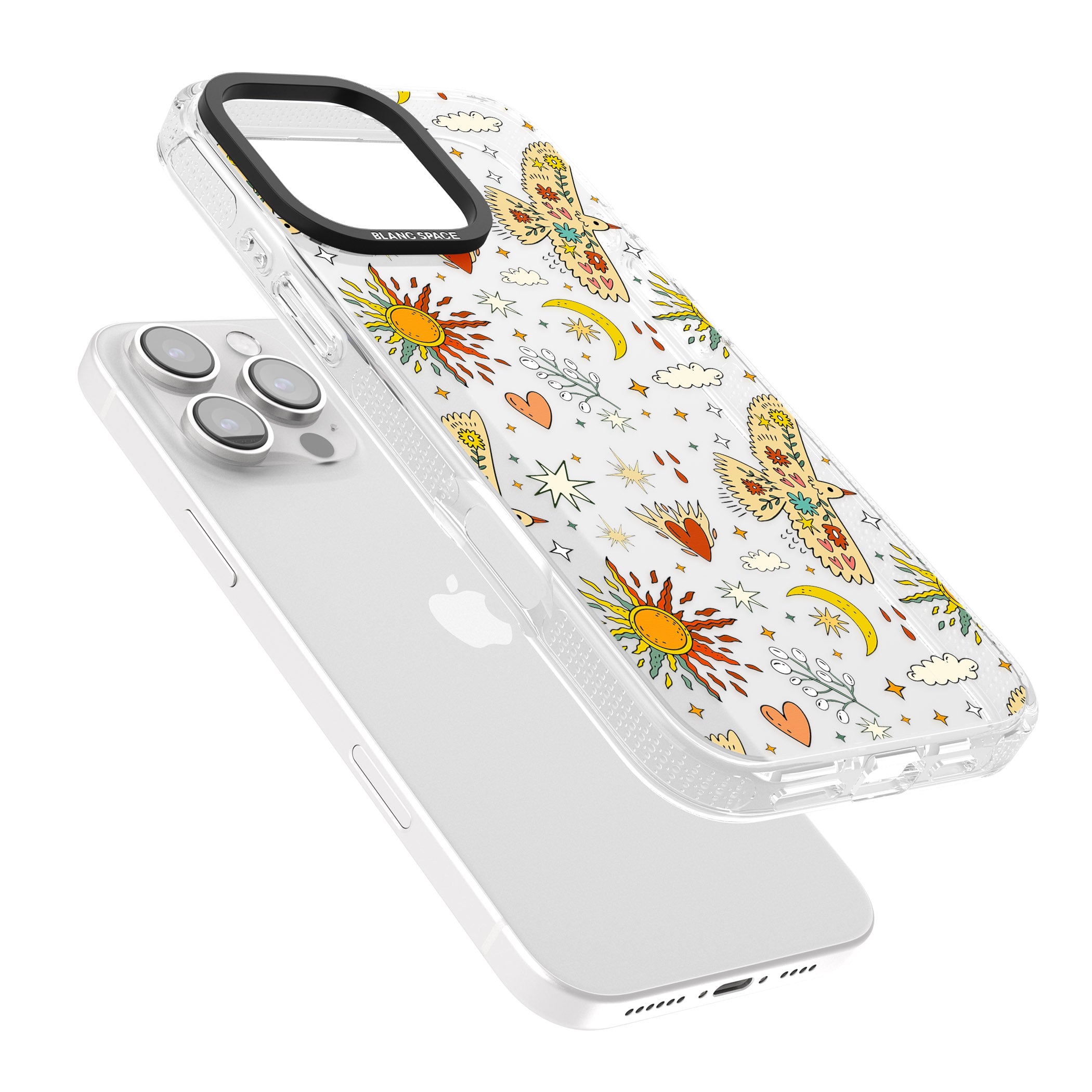 Boho Celestial Floral Bird & Sun iPhone 16 Pro Max / 16 Pro Clear Case Impact Air - Blanc Space