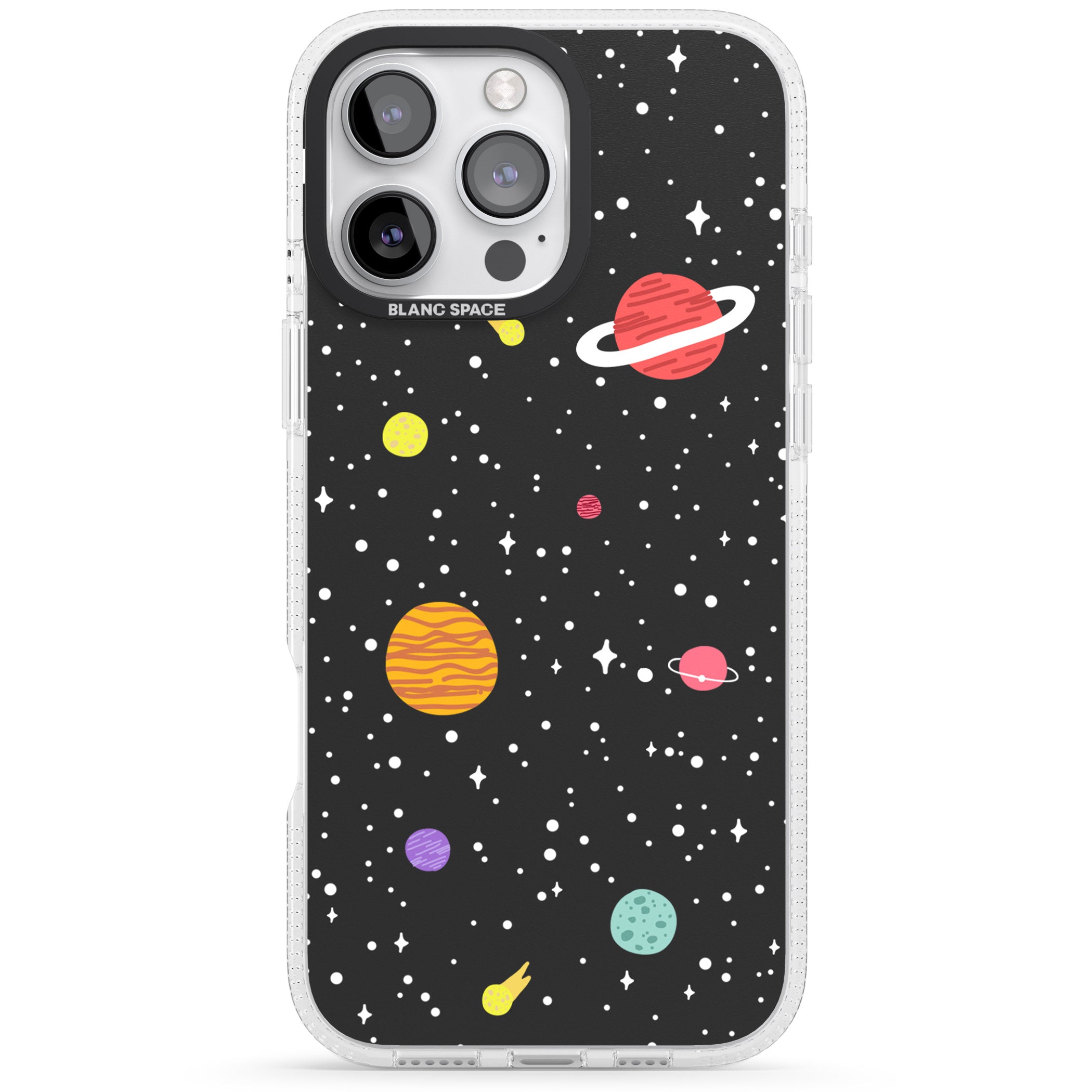 Cute Cartoon Planets iPhone 16 Pro Max / 16 Pro Clear Case Impact Air - Blanc Space