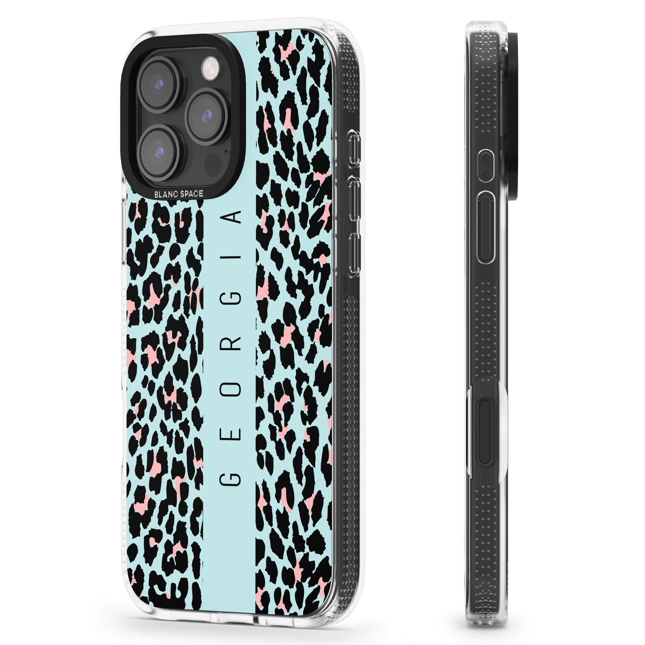 Personalised Blue Leopard Spots iPhone 16 Pro Max / 16 Pro Clear Case Impact Air - Blanc Space