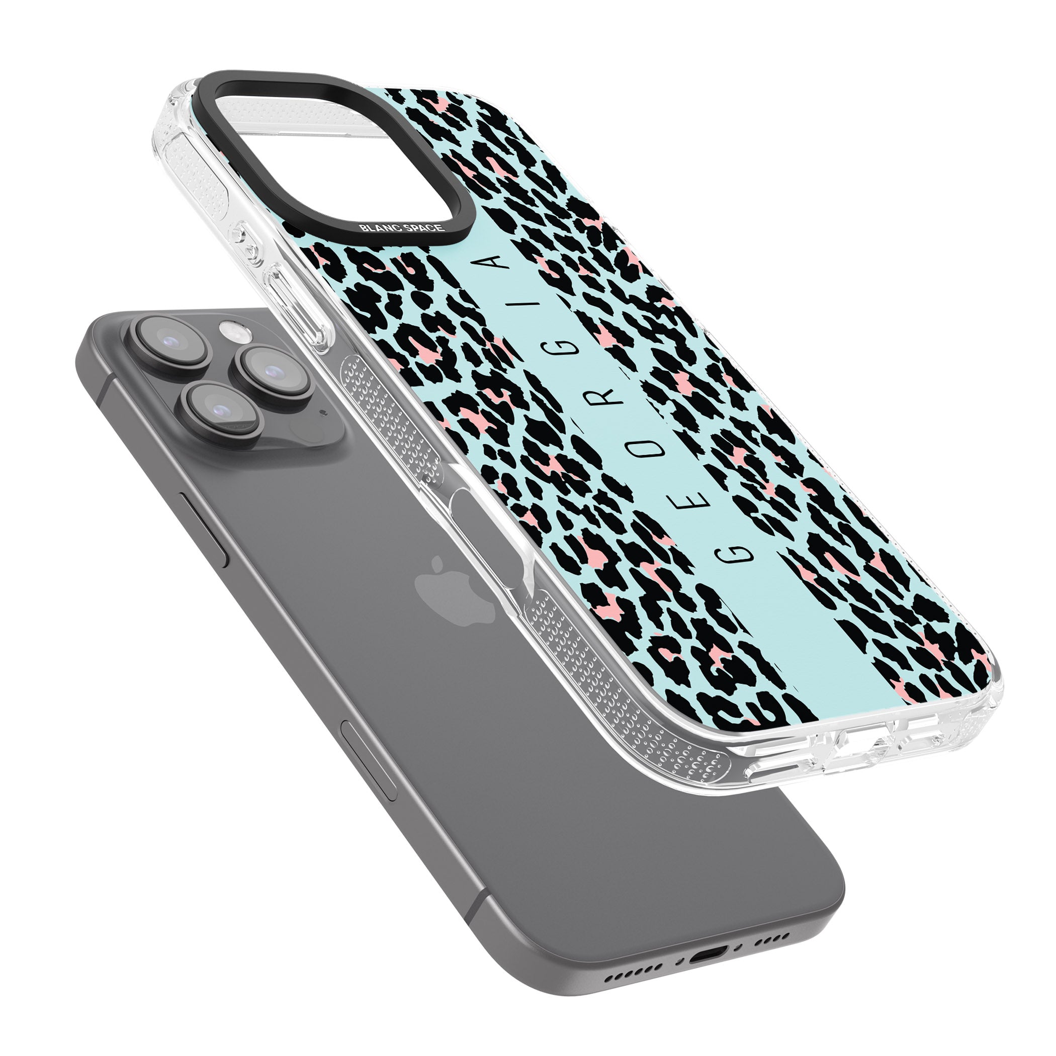 Personalised Blue Leopard Spots iPhone 16 Pro Max / 16 Pro Clear Case Impact Air - Blanc Space