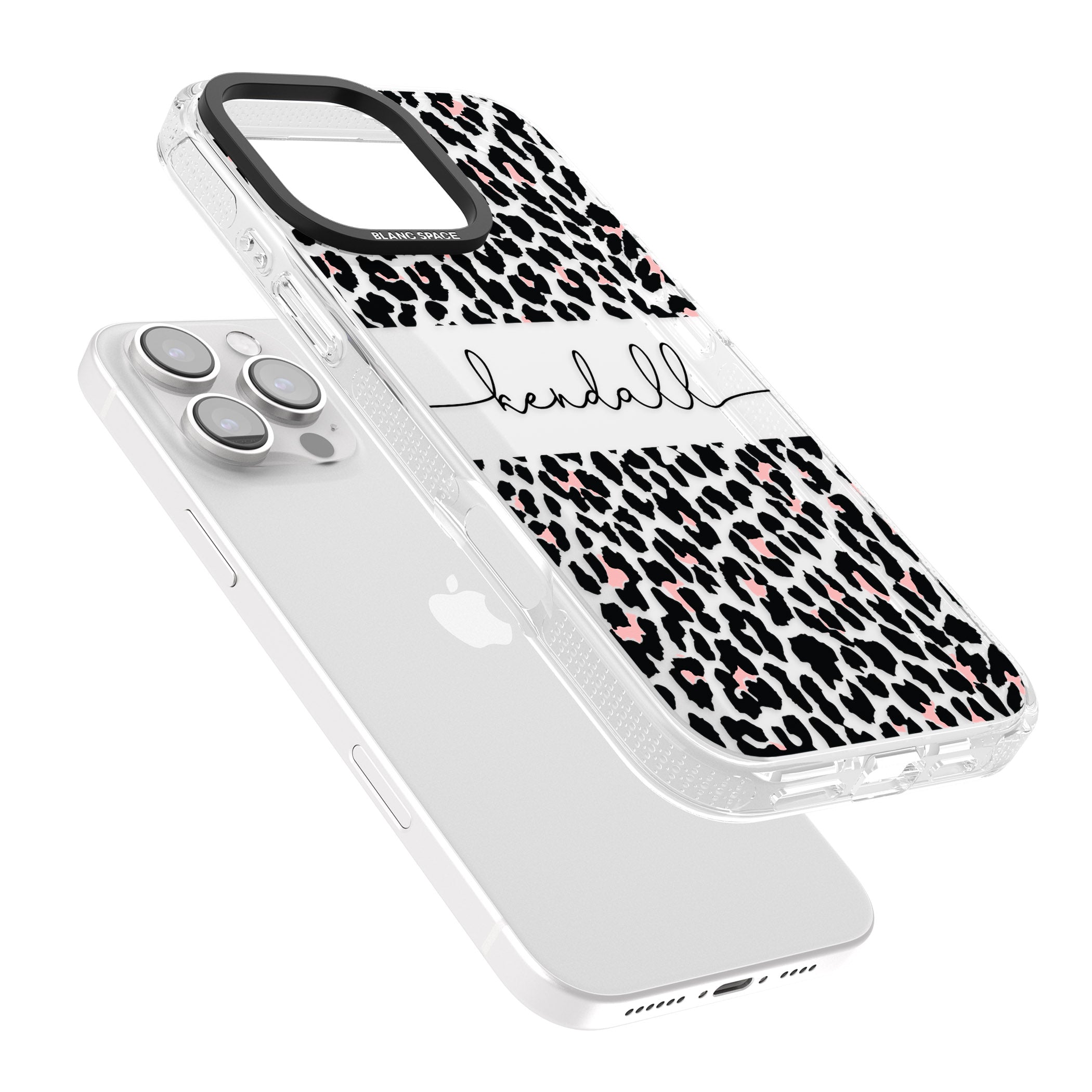 Personalised Pink & Cursive Leopard Spots iPhone 16 Pro Max / 16 Pro Clear Case Impact Air - Blanc Space