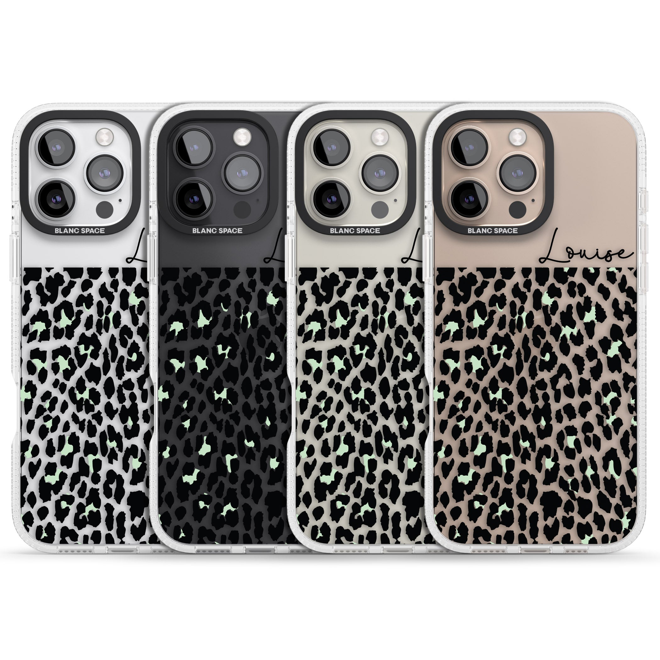 Personalised Seafoam Green & Cursive Leopard Spots iPhone 16 Pro Max / 16 Pro Clear Case Impact Air - Blanc Space