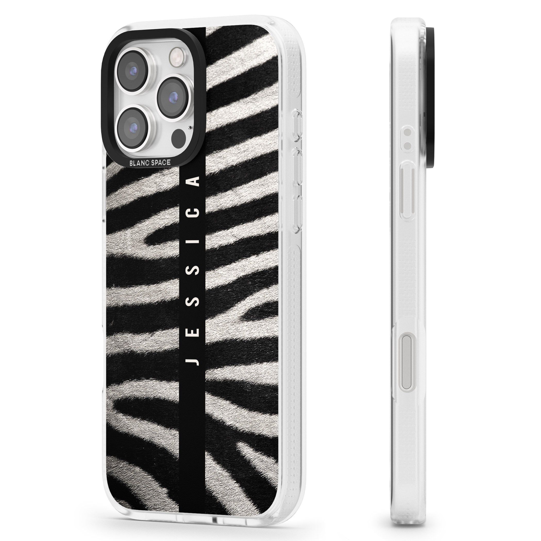 Personalised Zebra Print iPhone 16 Pro Max / 16 Pro Clear Case Impact Air - Blanc Space