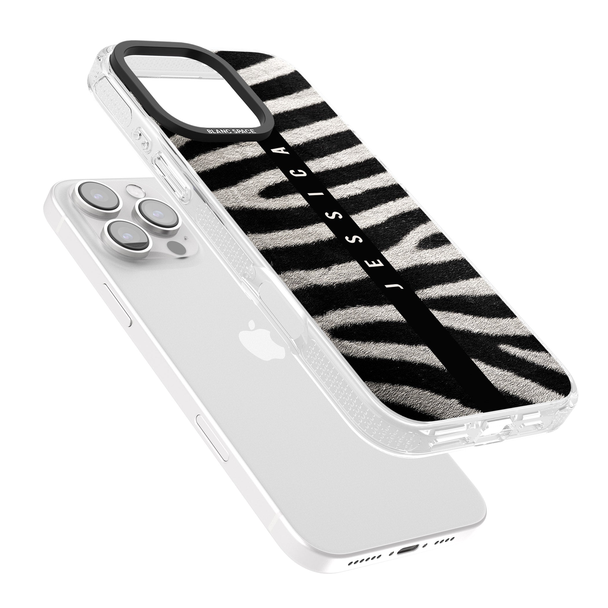 Personalised Zebra Print iPhone 16 Pro Max / 16 Pro Clear Case Impact Air - Blanc Space