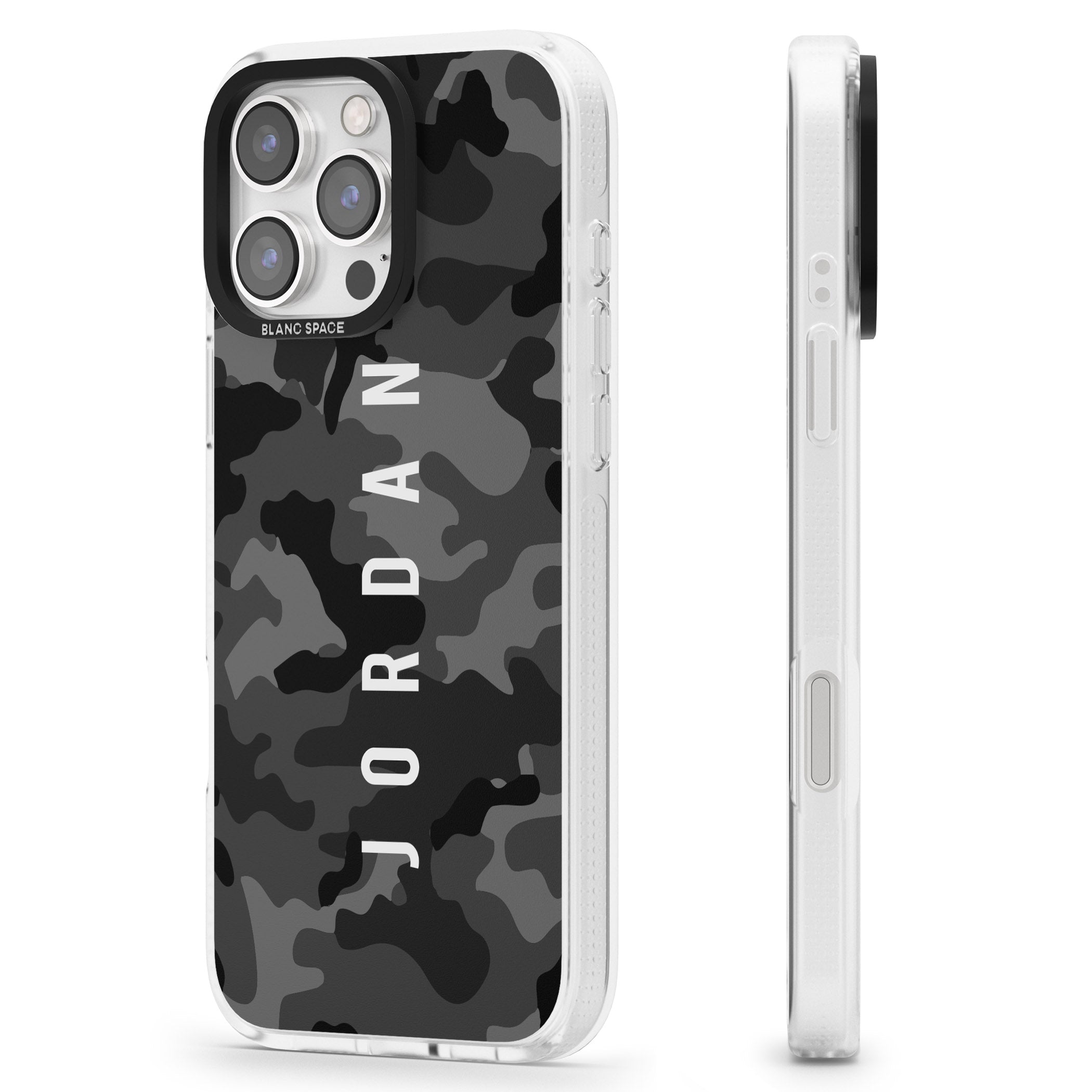 Personalised Small Vertical Name Black Camouflage iPhone 16 Pro Max / 16 Pro Clear Case Impact Air - Blanc Space