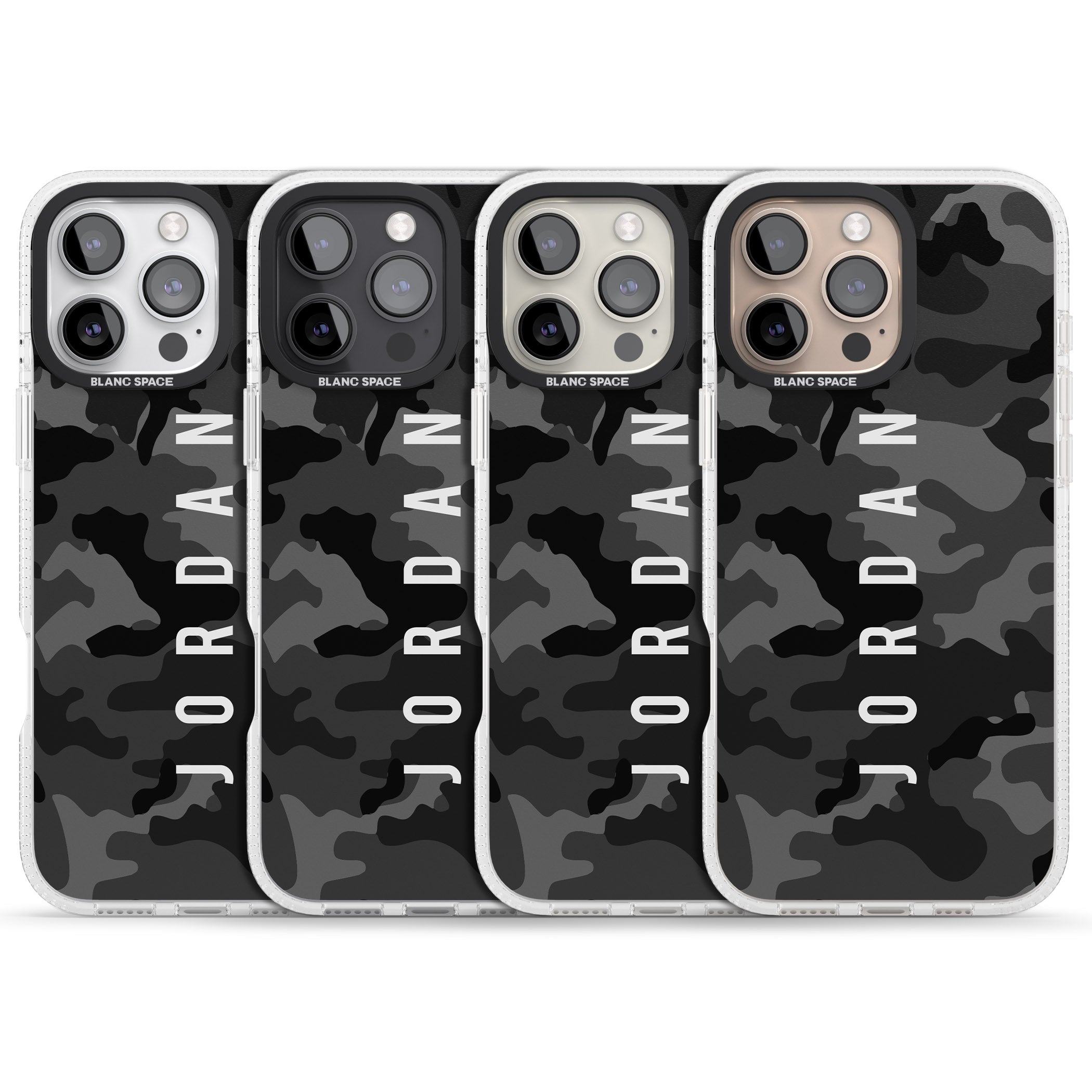 Personalised Small Vertical Name Black Camouflage iPhone 16 Pro Max / 16 Pro Clear Case Impact Air - Blanc Space