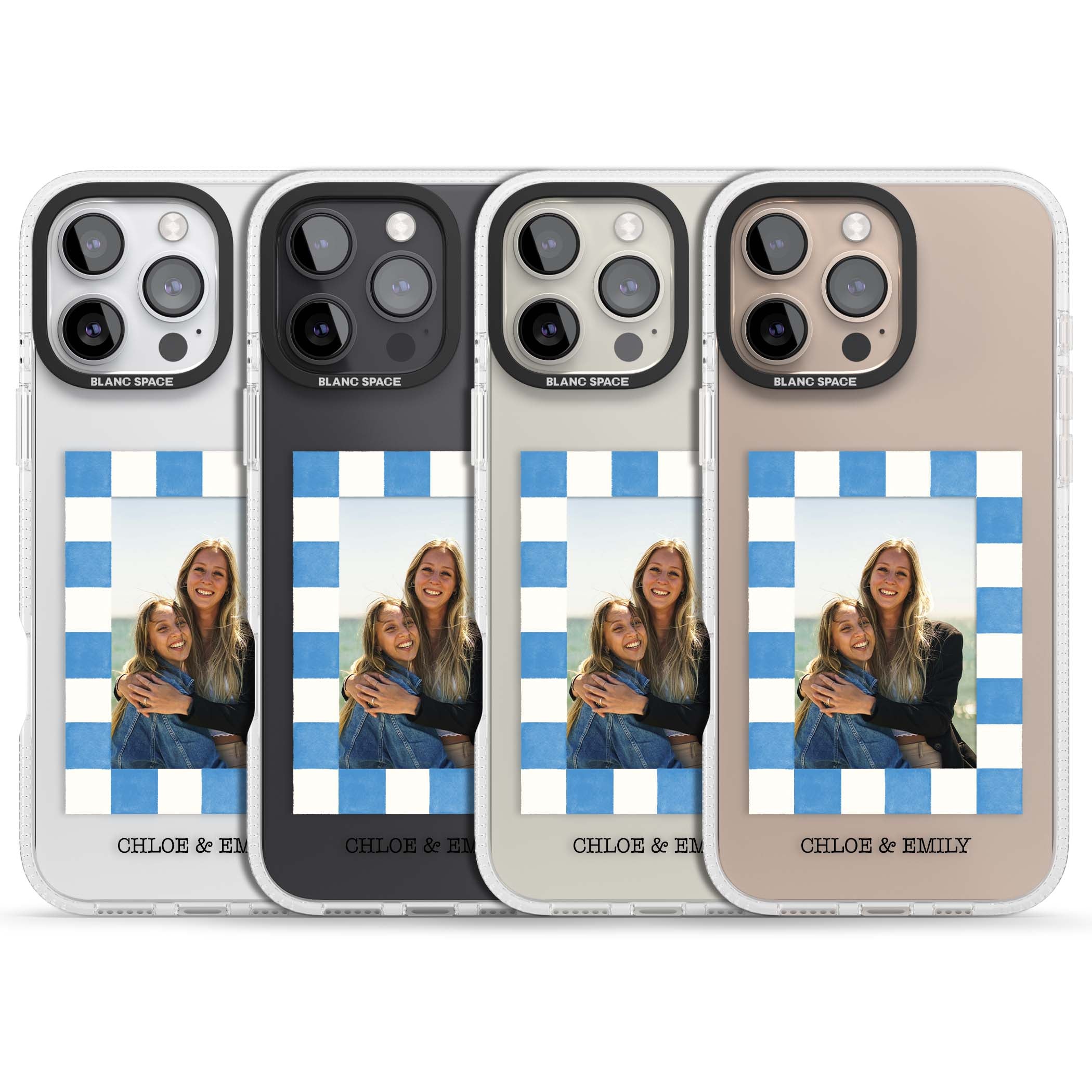 Blue Check Photo personalised photo iPhone case with blue checkered frame and custom couple names | Clear Case Impact Air case for iPhone 16 Pro, iPhone 16 Pro Max