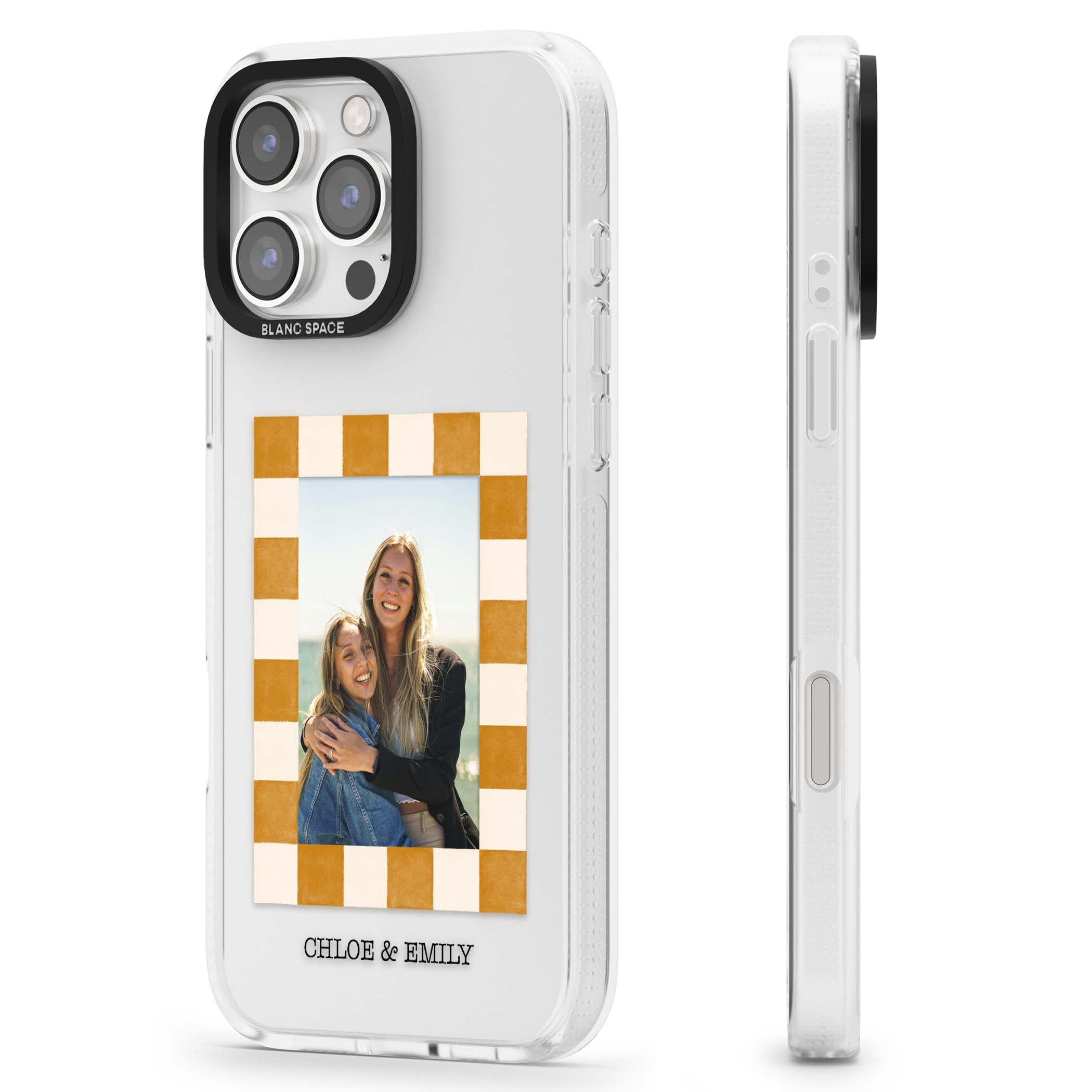 Citrus Check Photo personalised iPhone case with custom photo, orange checkered frame and names underneath | Clear Case Impact Air case for iPhone 16 Pro, iPhone 16 Pro Max