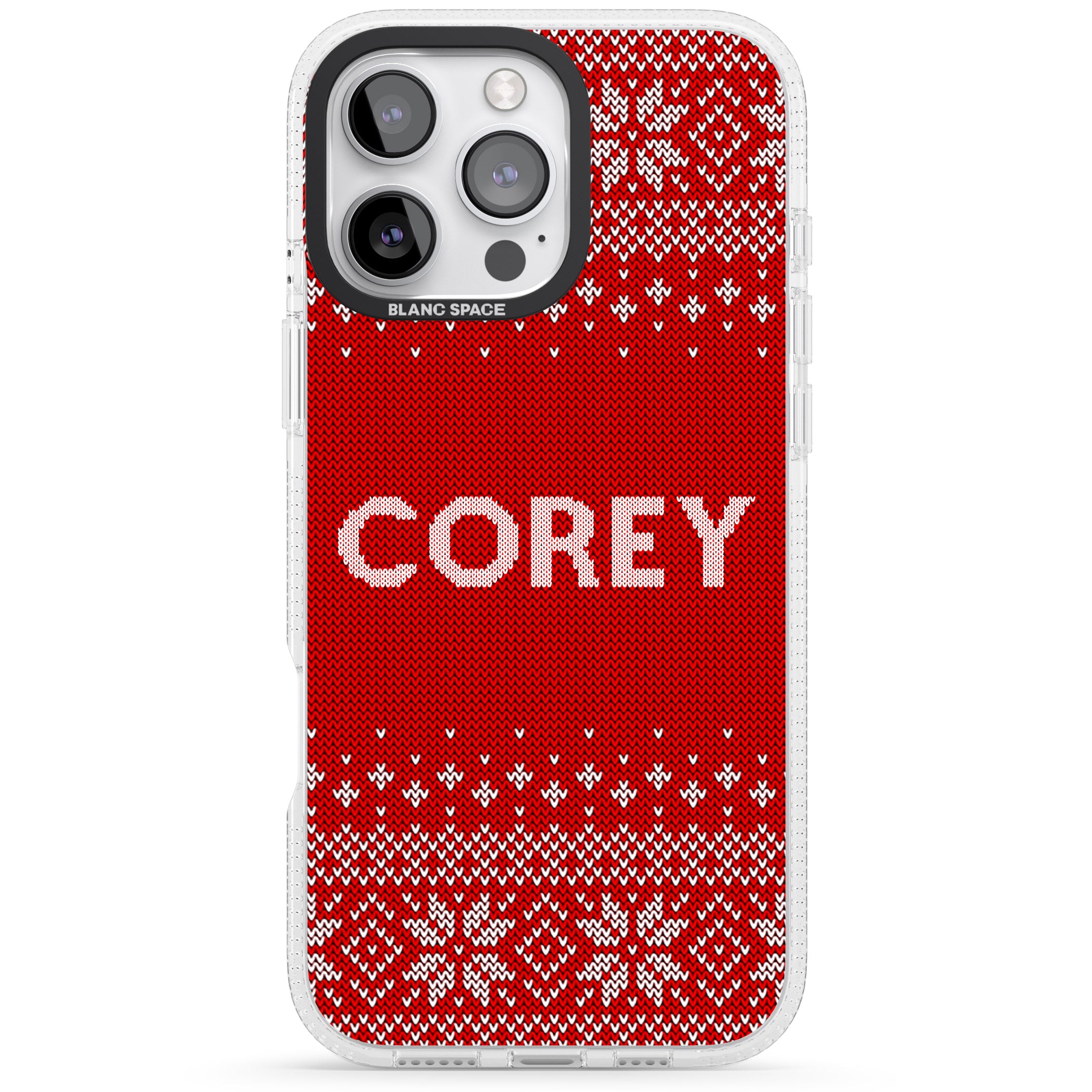 Personalised Red Christmas Knitted Jumper iPhone 16 Pro Max / 16 Pro Clear Case Impact Air - Blanc Space