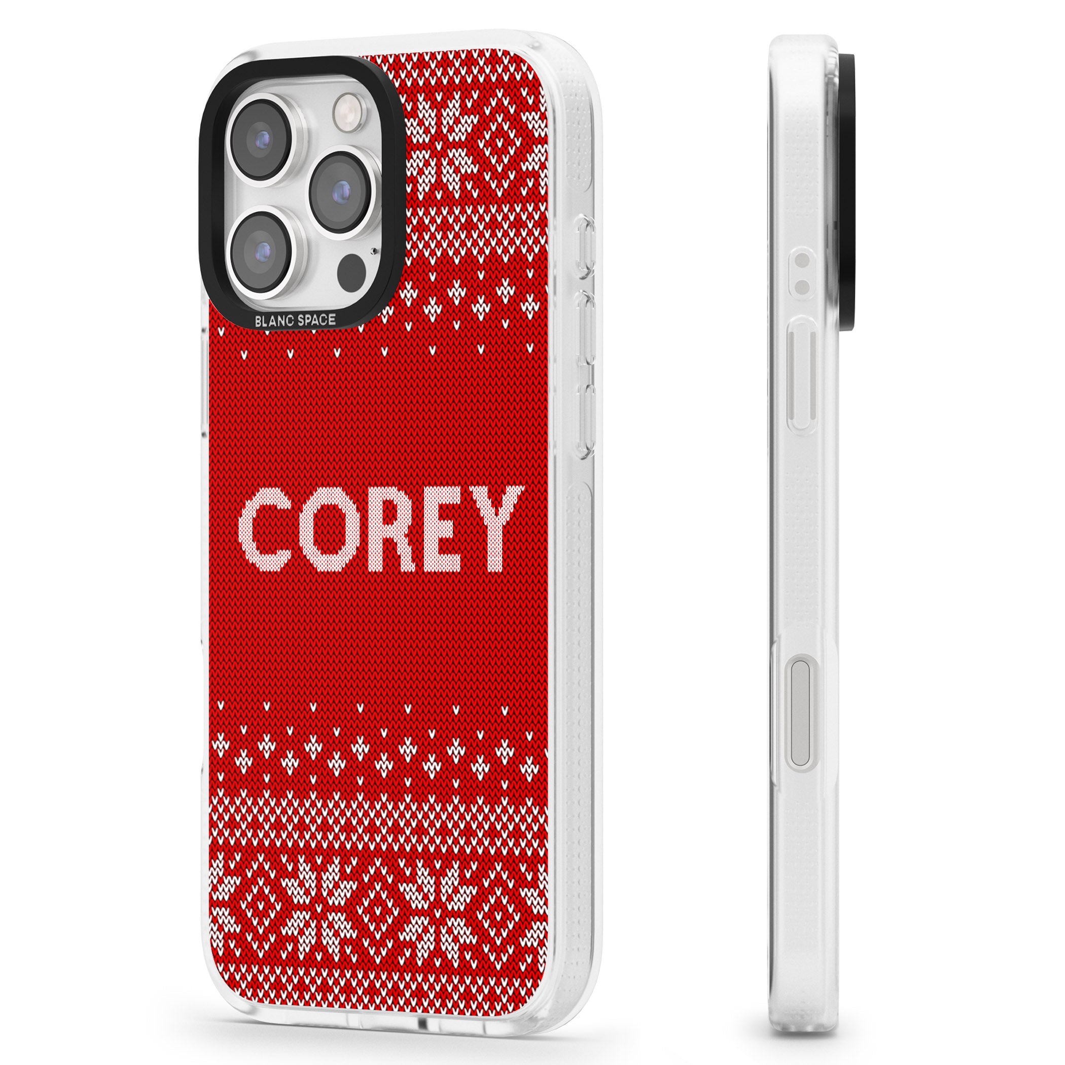 Personalised Red Christmas Knitted Jumper iPhone 16 Pro Max / 16 Pro Clear Case Impact Air - Blanc Space