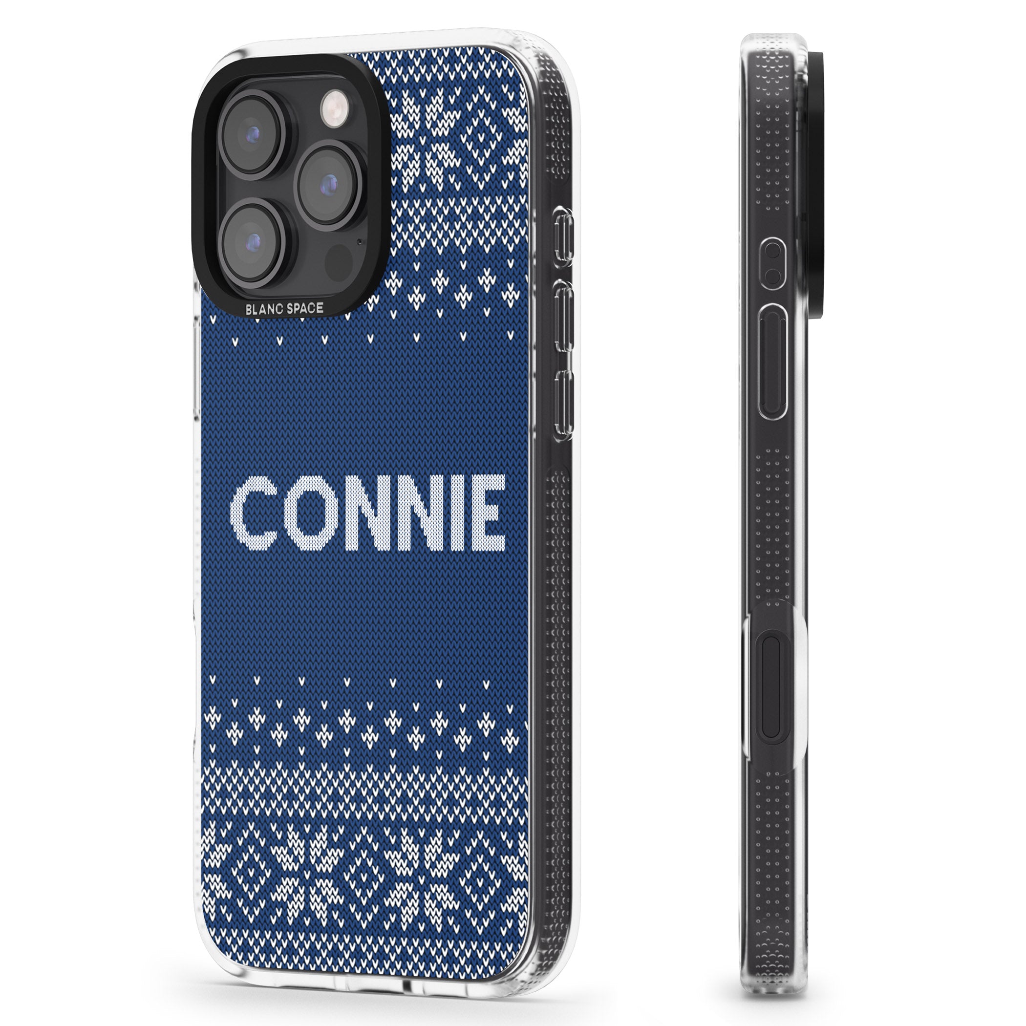 Personalised Blue Christmas Knitted Jumper iPhone 16 Pro Max / 16 Pro Clear Case Impact Air - Blanc Space