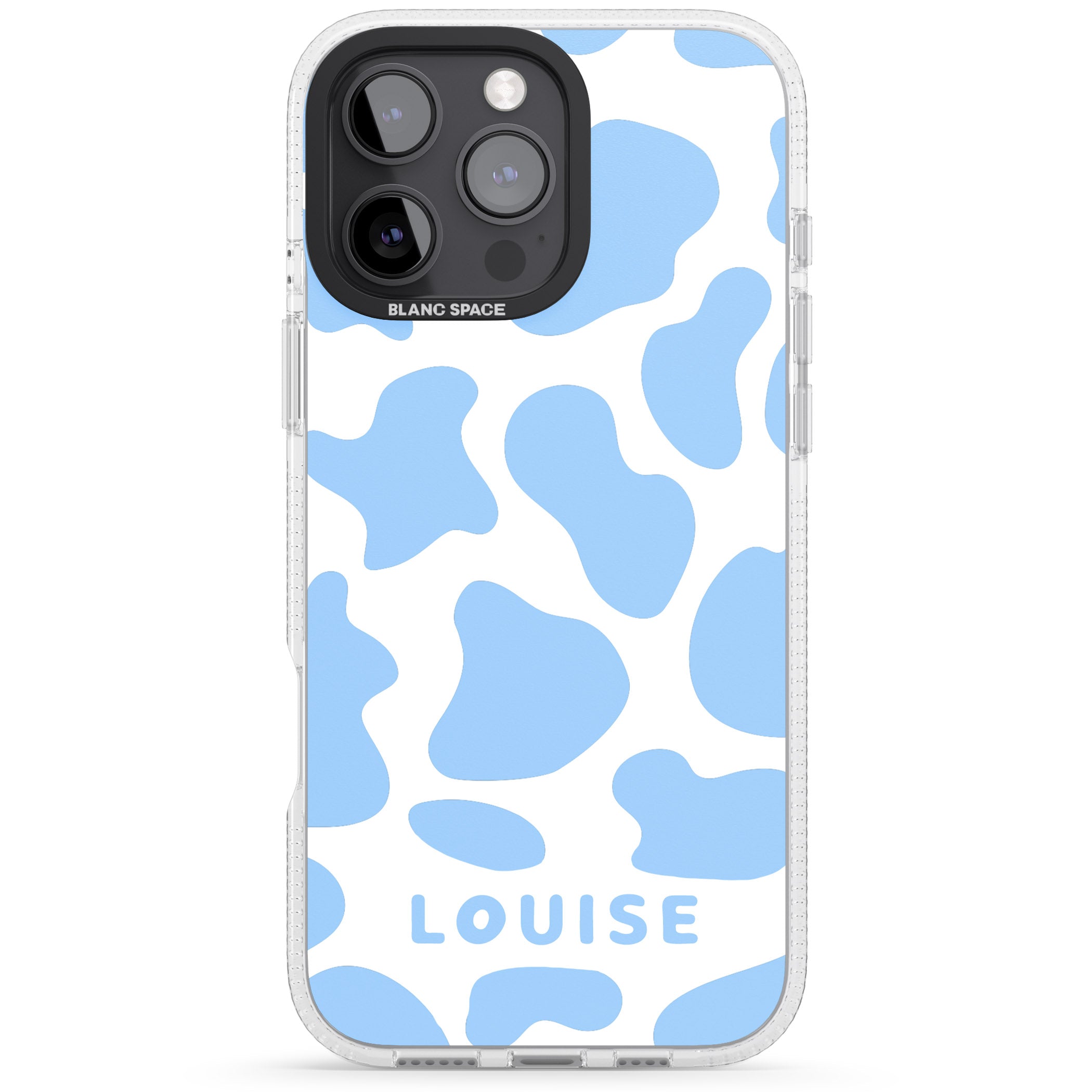 Personalised Blue and White Cow Print iPhone 16 Pro Max / 16 Pro Clear Case Impact Air - Blanc Space