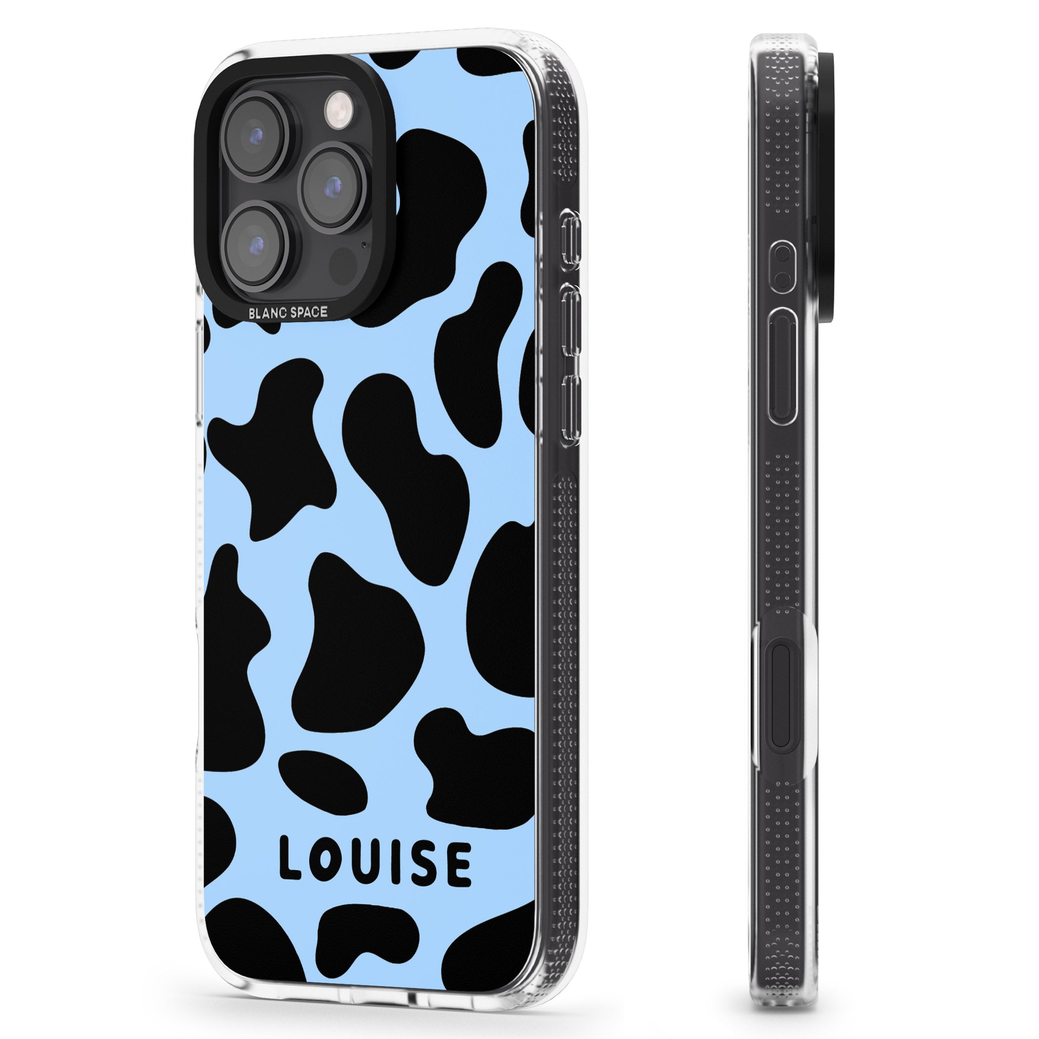 Personalised Blue and Black Cow Print iPhone 16 Pro Max / 16 Pro Clear Case Impact Air - Blanc Space