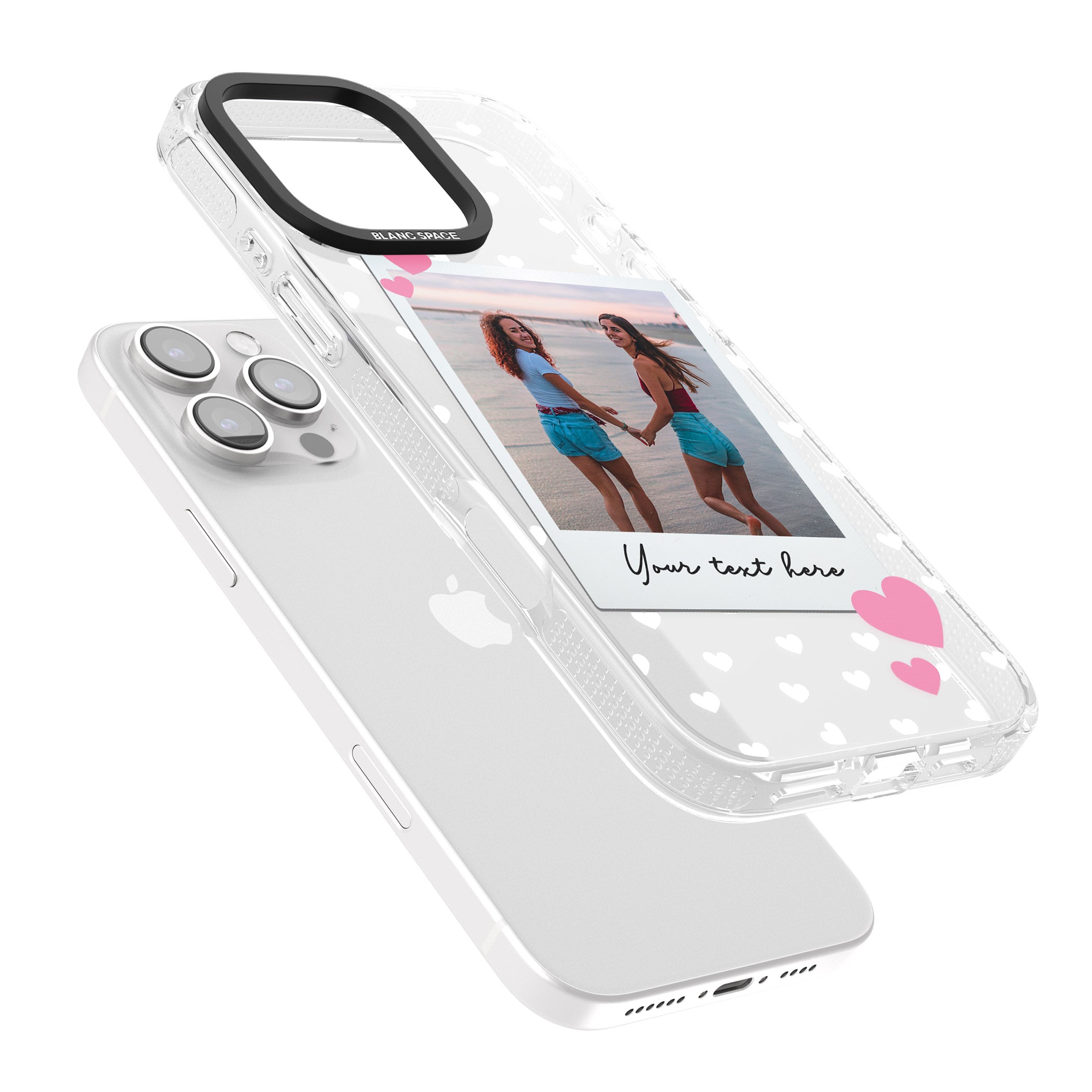Personalised Instant Film & Hearts Photo iPhone 16 Pro Max / 16 Pro Clear Case Impact Air - Blanc Space