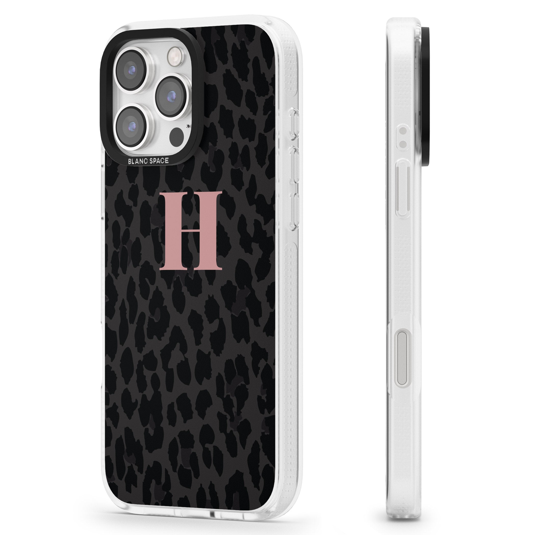 Personalised Small Pink Leopard Monogram iPhone 16 Pro Max / 16 Pro Clear Case Impact Air - Blanc Space