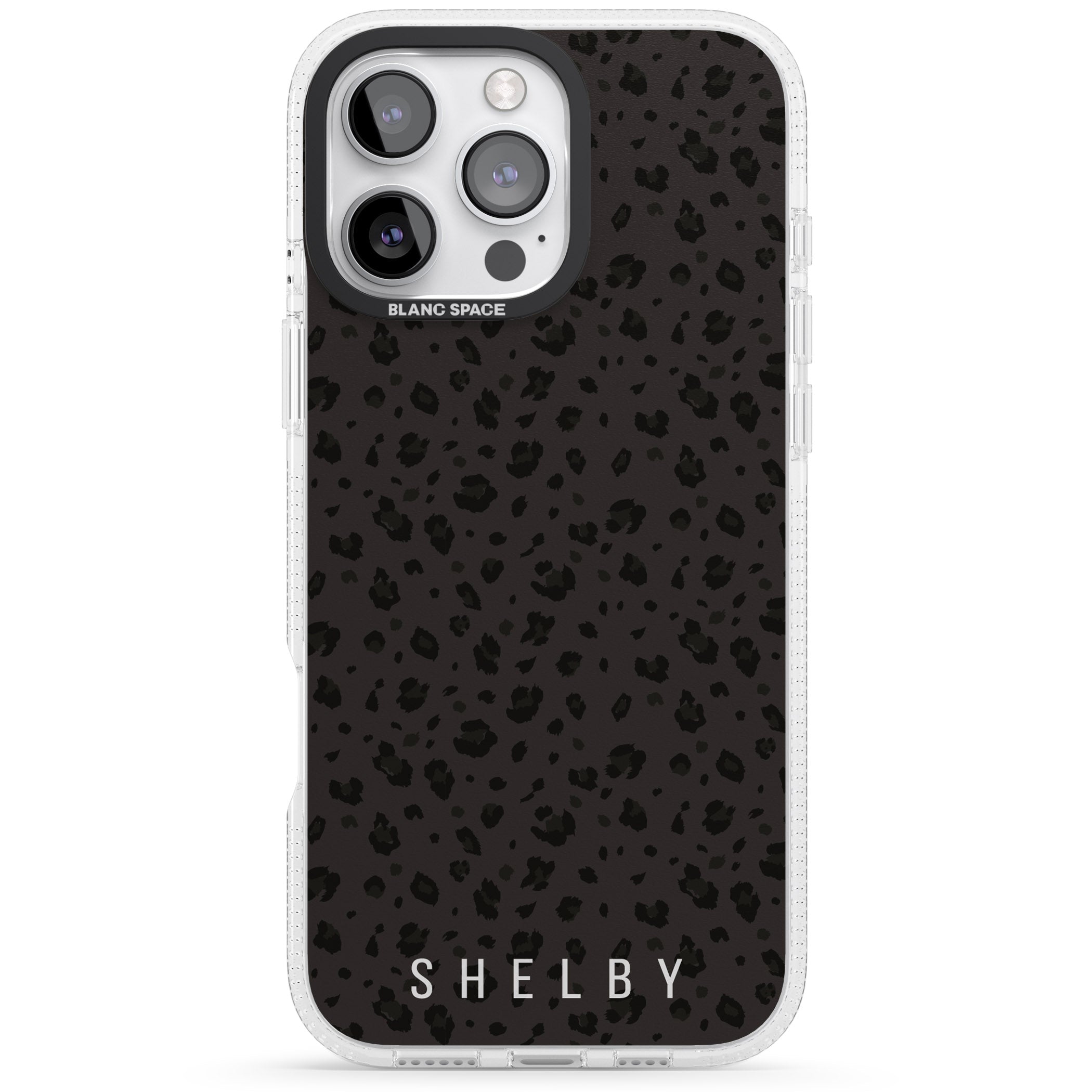 Personalised Minimal Lettering Dark Leopard iPhone 16 Pro Max / 16 Pro Clear Case Impact Air - Blanc Space