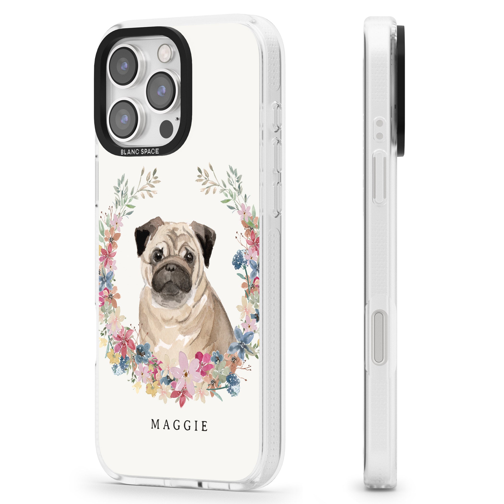 Personalised Pug - Watercolour Dog Portrait iPhone 16 Pro Max / 16 Pro Clear Case Impact Air - Blanc Space
