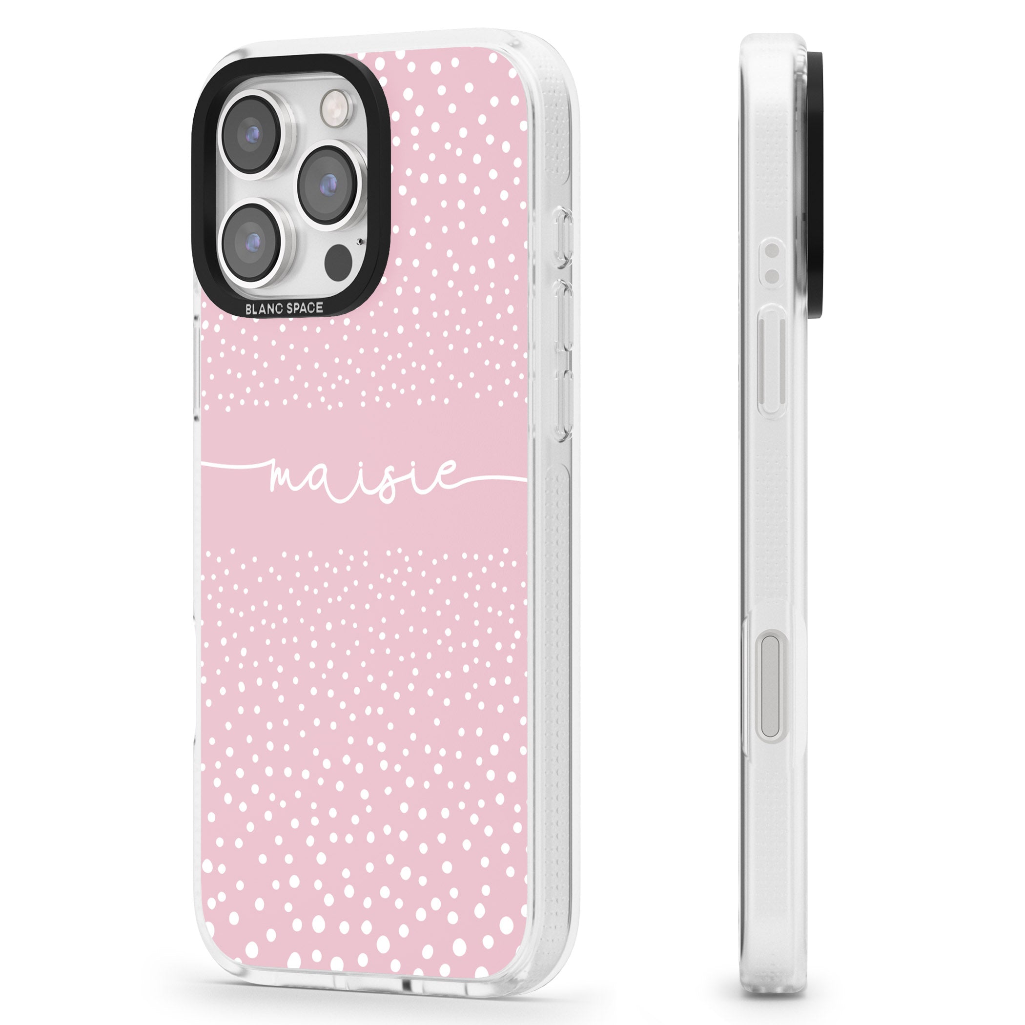 Personalised Pink Dots iPhone 16 Pro Max / 16 Pro Clear Case Impact Air - Blanc Space